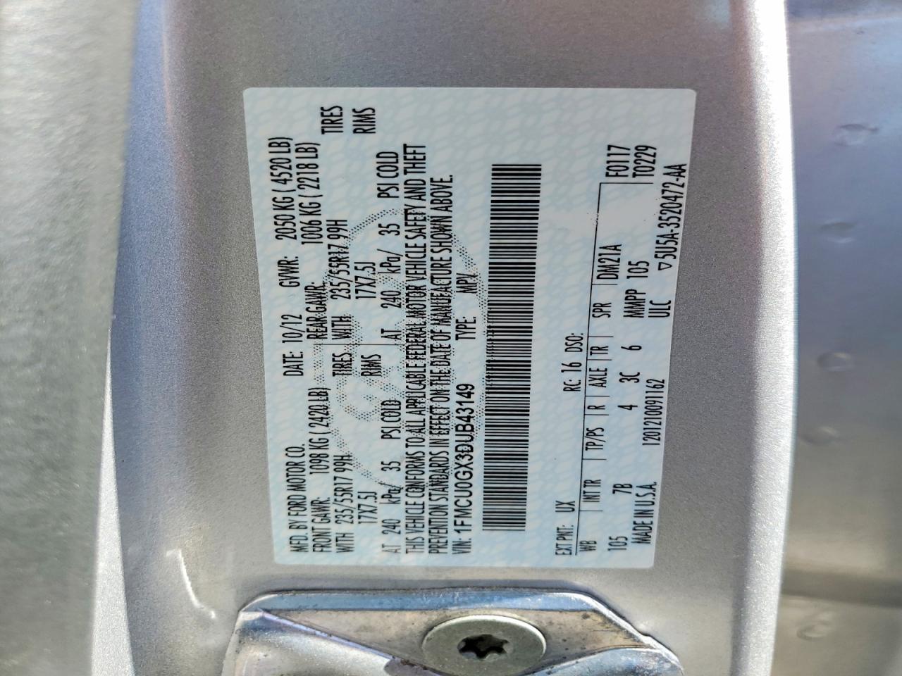 2013 Ford Escape Se Silver vin: 1FMCU0GX3DUB43149