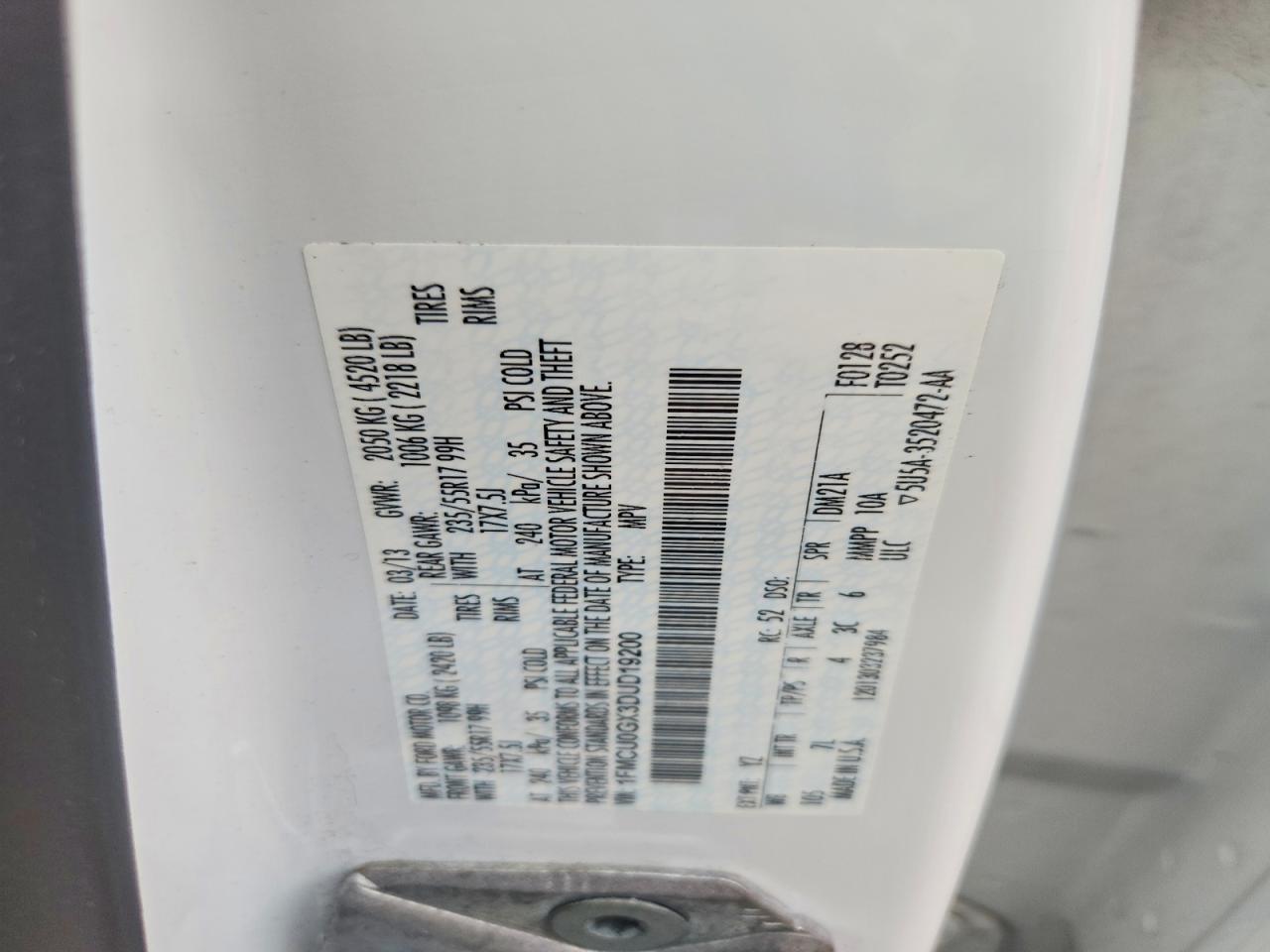 2013 Ford Escape Se White vin: 1FMCU0GX3DUD19200