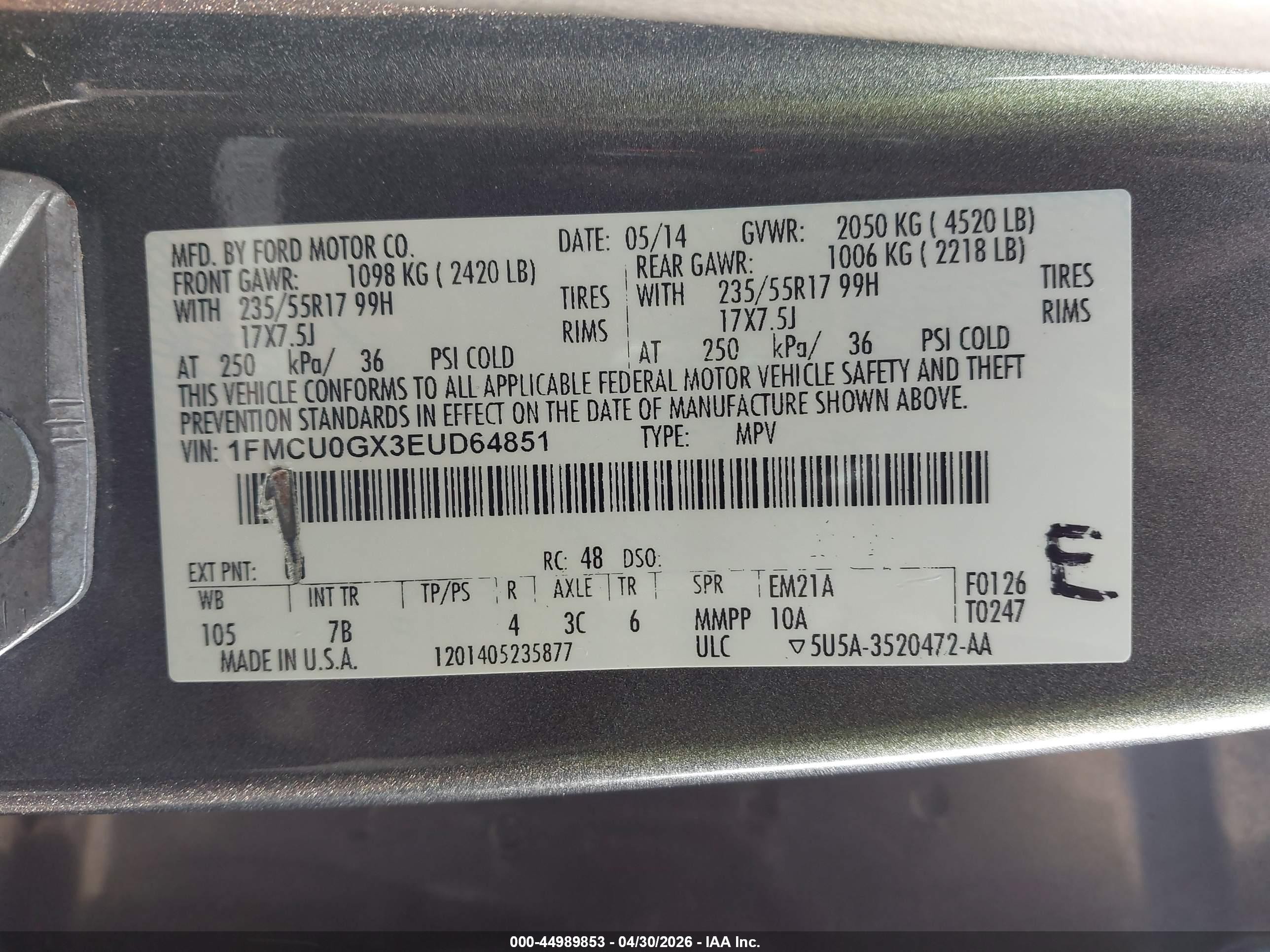 2014 Ford Escape Se Gray vin: 1FMCU0GX3EUD64851