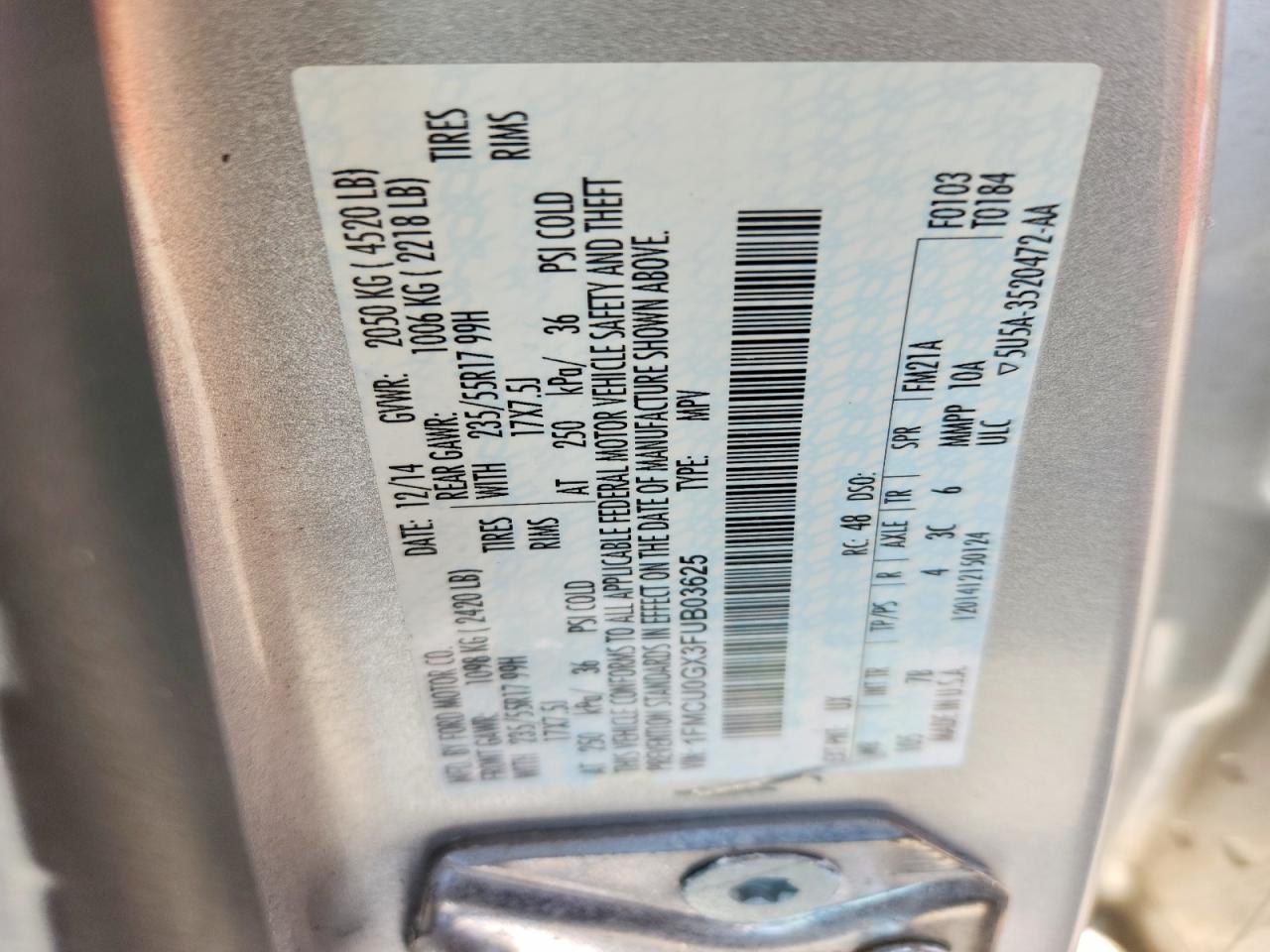2015 Ford Escape Se Silver vin: 1FMCU0GX3FUB03625
