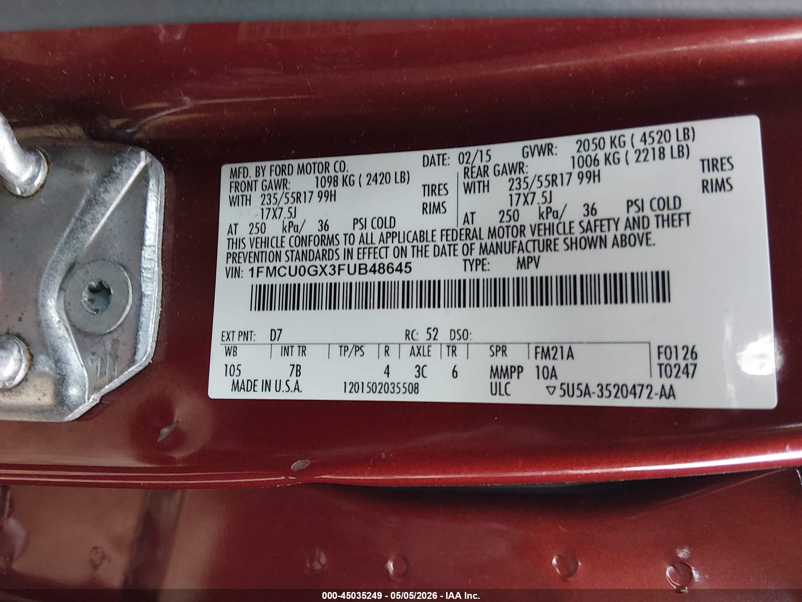 2015 Ford Escape Se Red vin: 1FMCU0GX3FUB48645