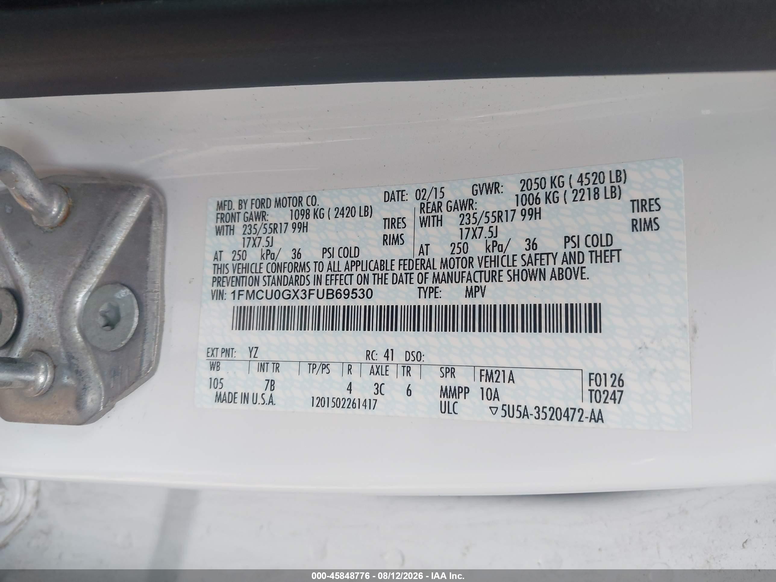 2015 Ford Escape Se White vin: 1FMCU0GX3FUB69530
