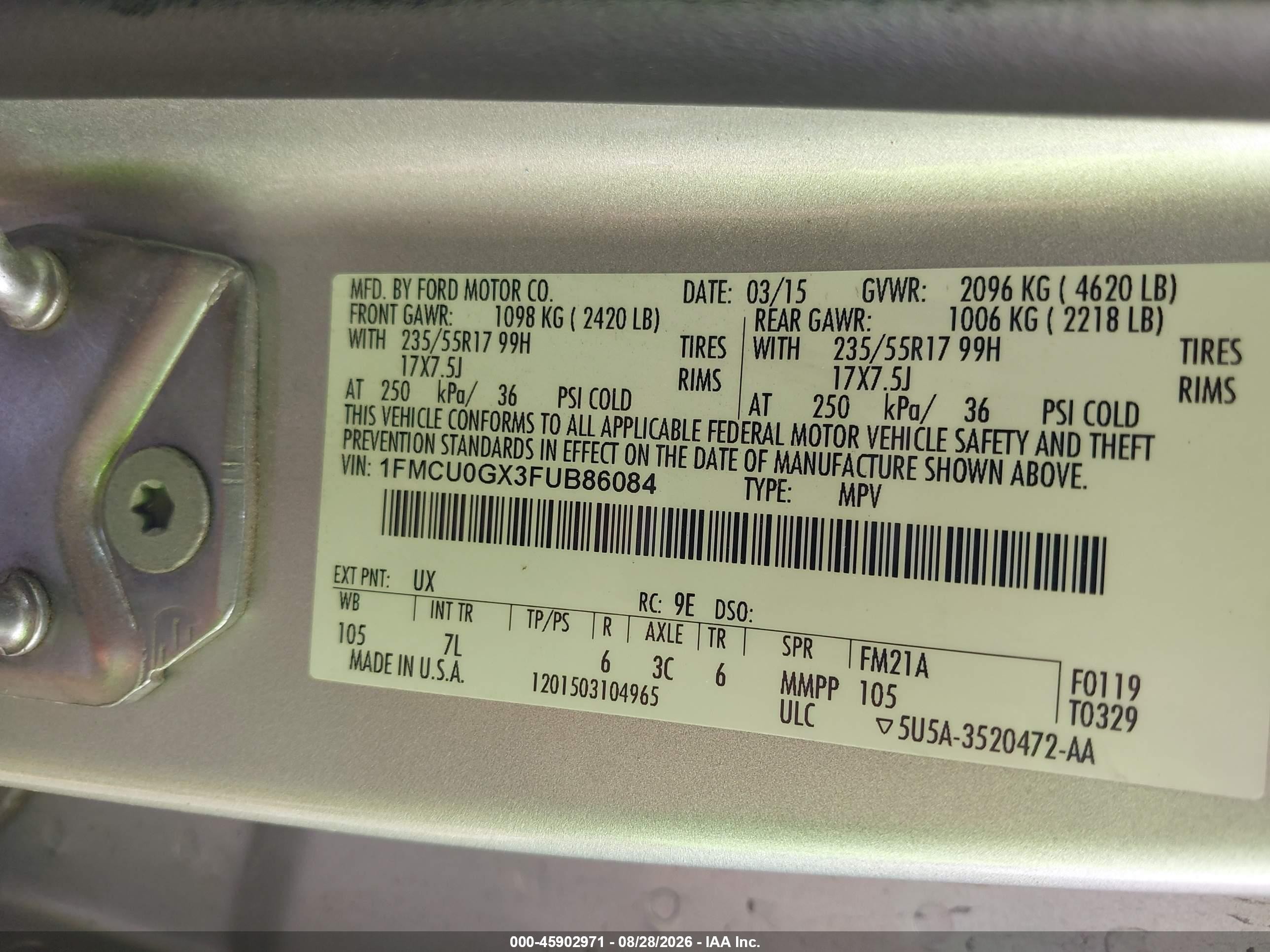 2015 Ford Escape Se Silver vin: 1FMCU0GX3FUB86084