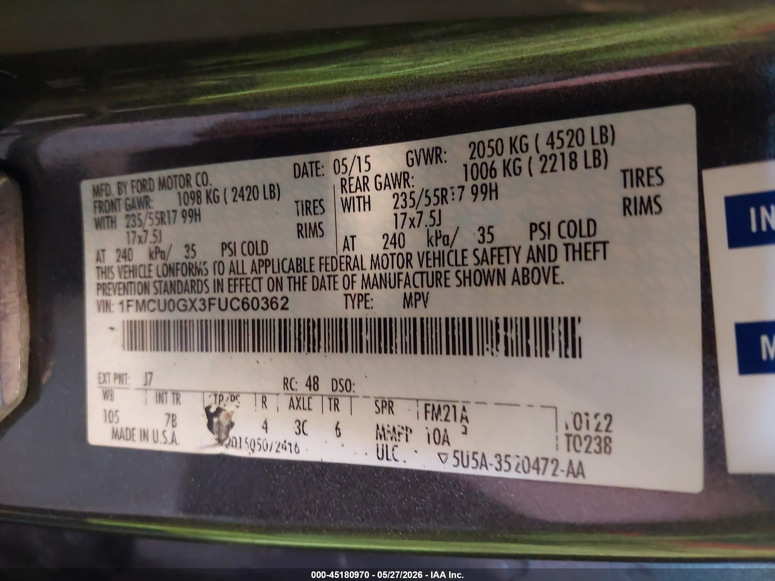 2015 Ford Escape Se Серый vin: 1FMCU0GX3FUC60362