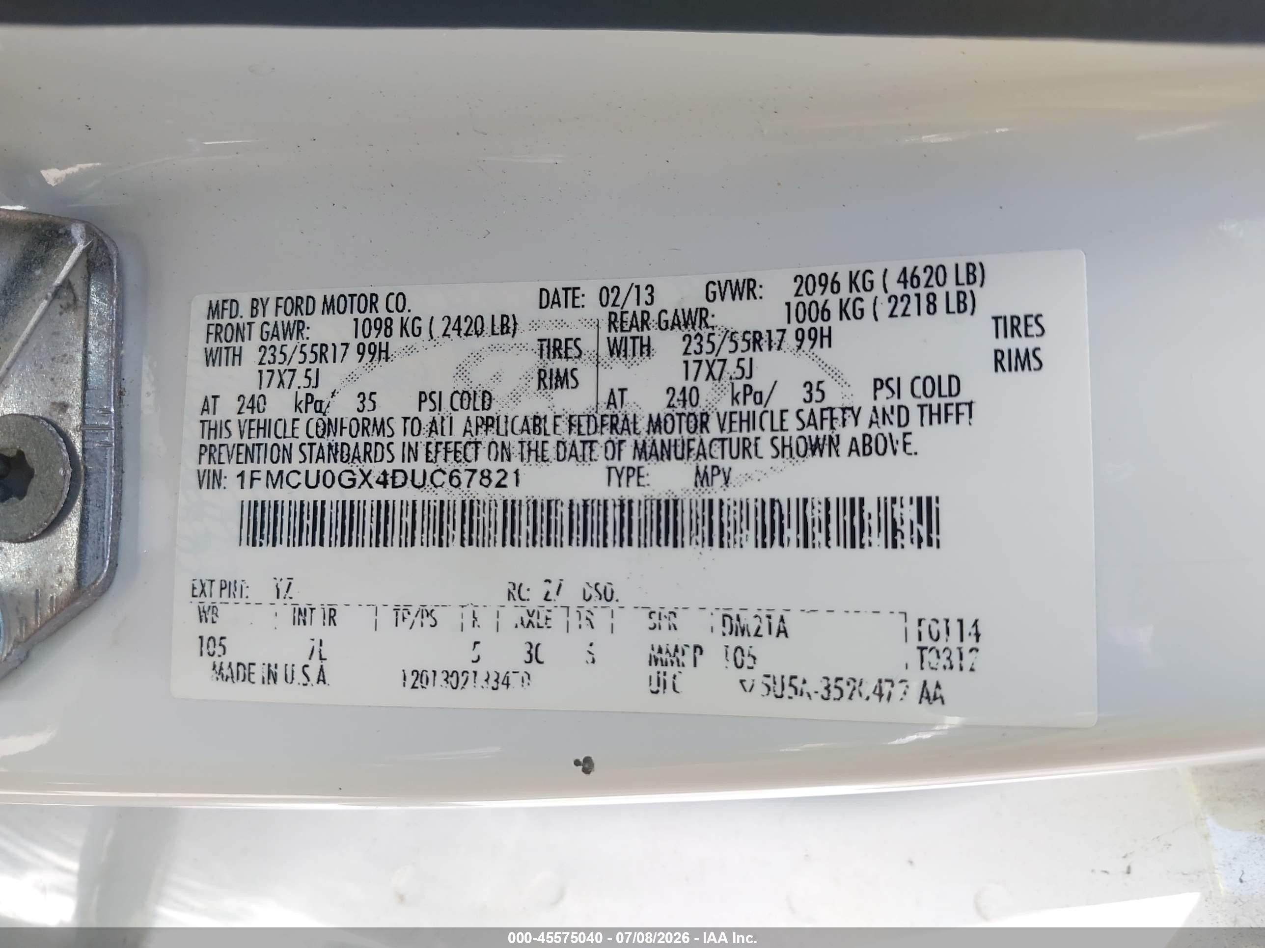 2013 Ford Escape Se White vin: 1FMCU0GX4DUC67821