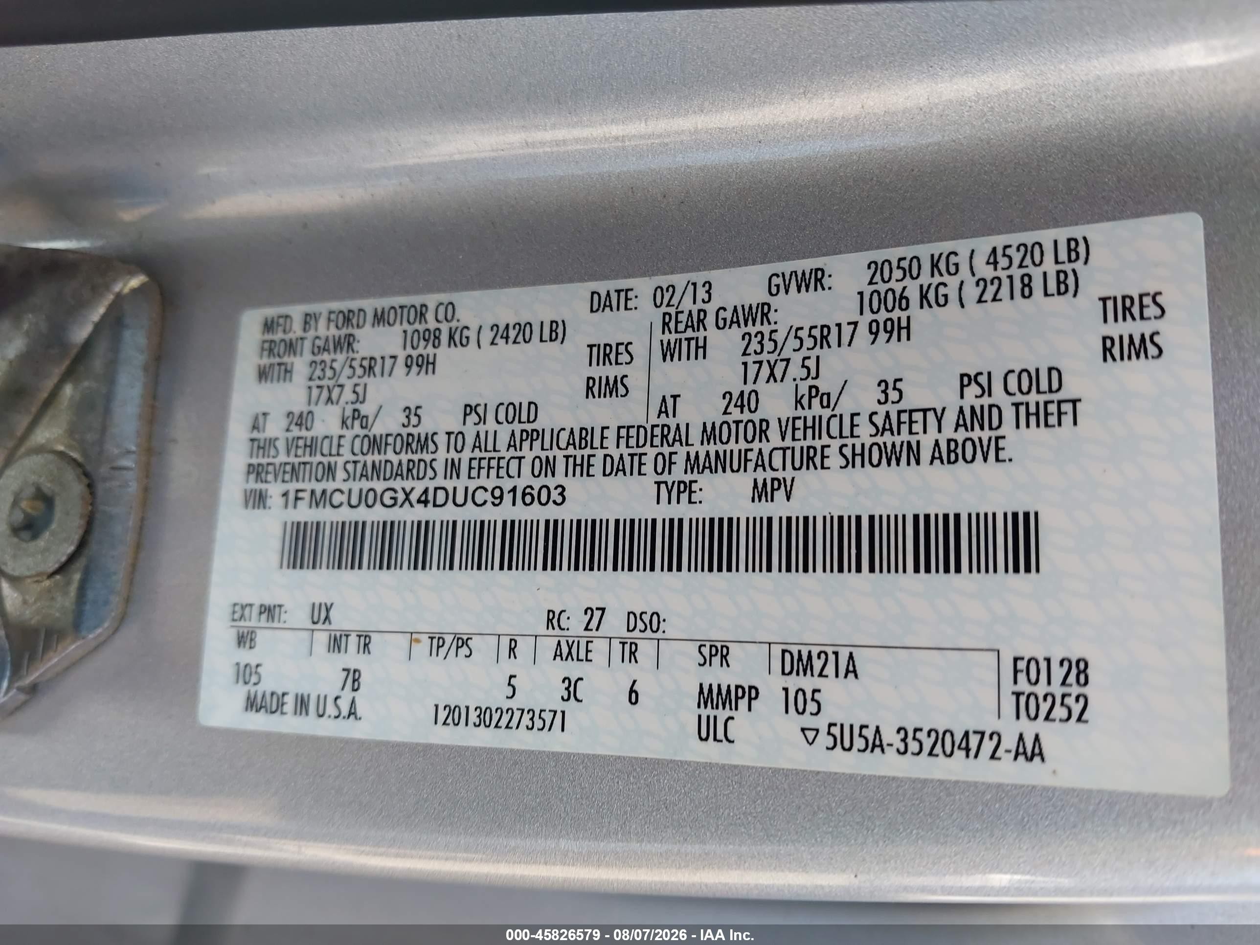 2013 Ford Escape Se Silver vin: 1FMCU0GX4DUC91603