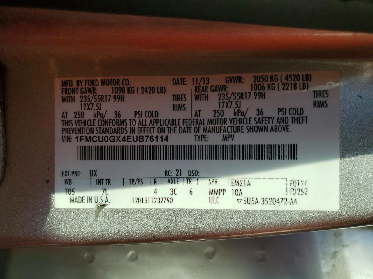2014 Ford Escape Se Silver vin: 1FMCU0GX4EUB76114