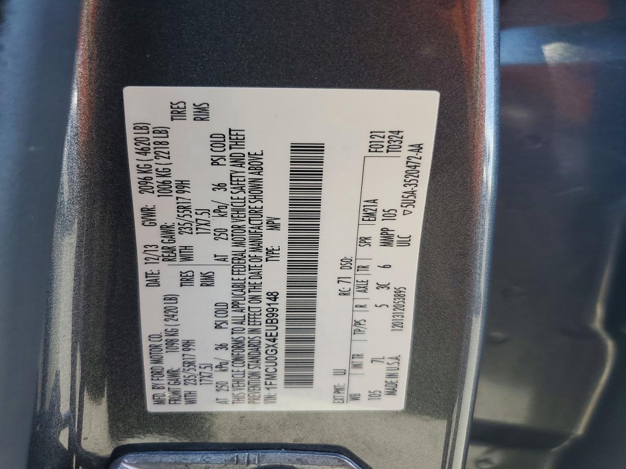 2014 Ford Escape Se Charcoal vin: 1FMCU0GX4EUB99148