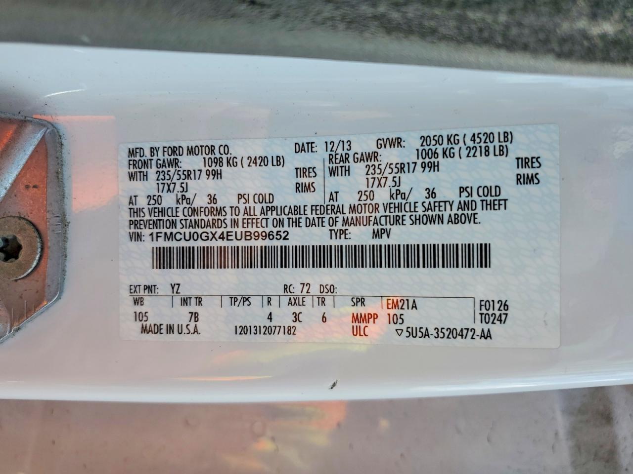 2014 Ford Escape Se White vin: 1FMCU0GX4EUB99652