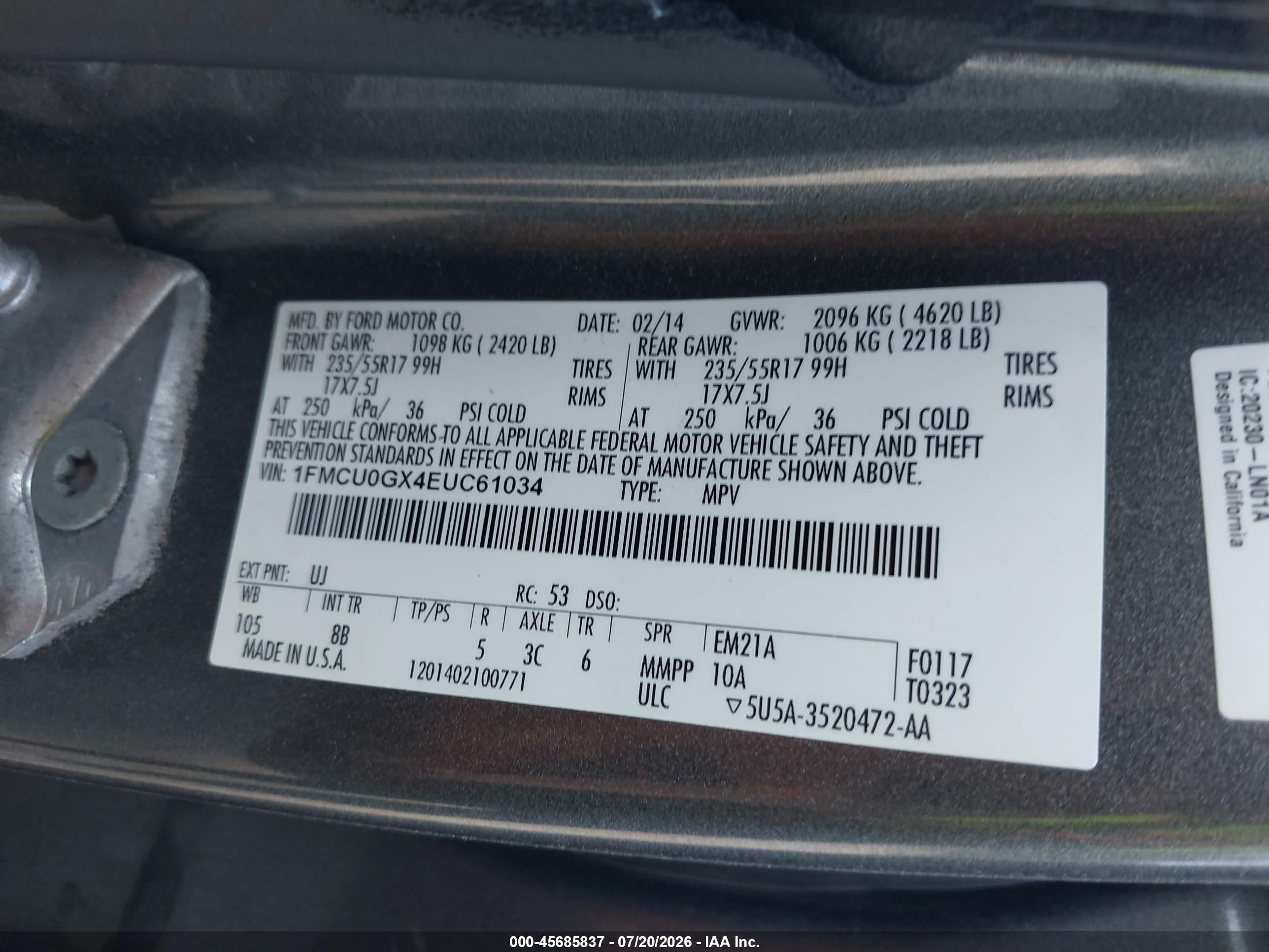 2014 Ford Escape Se Gray vin: 1FMCU0GX4EUC61034