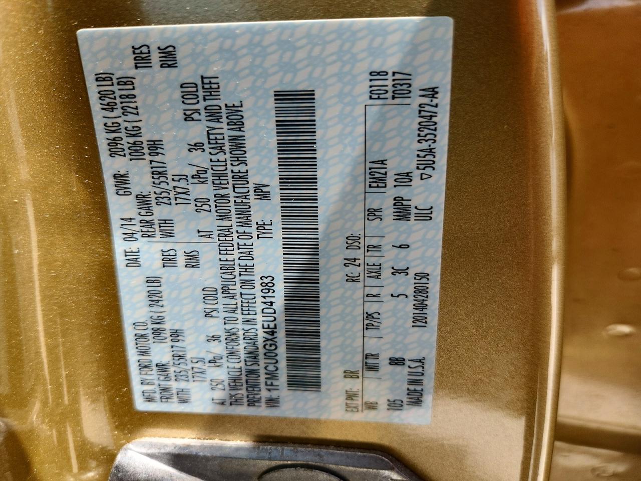 2014 Ford Escape Se Gold vin: 1FMCU0GX4EUD41983