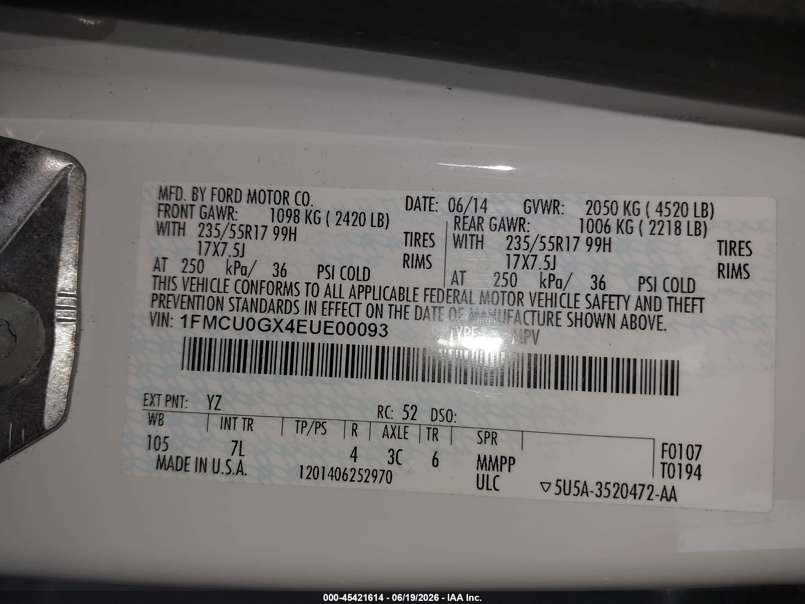 2014 Ford Escape Se White vin: 1FMCU0GX4EUE00093