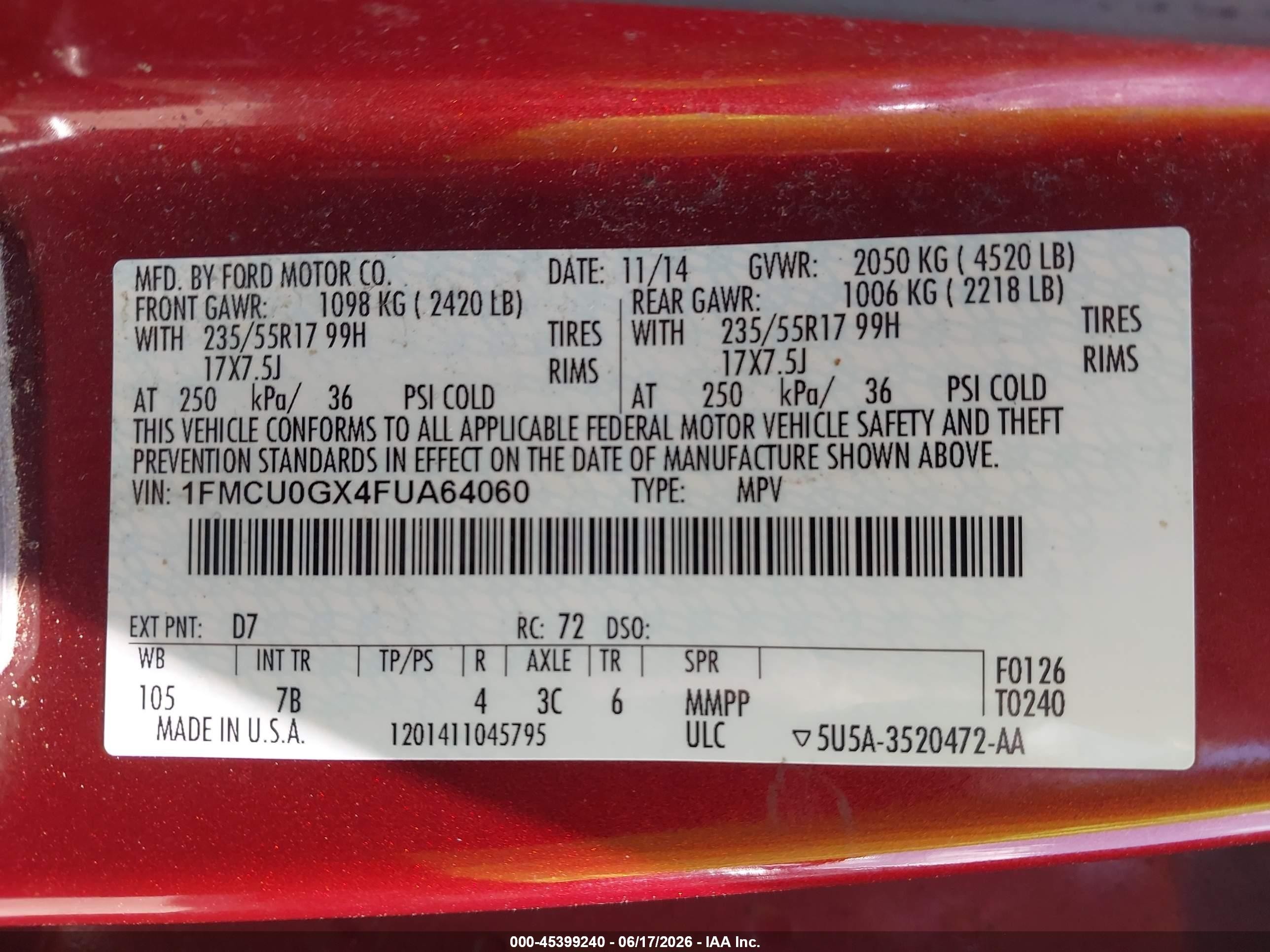 2015 Ford Escape Se Orange vin: 1FMCU0GX4FUA64060