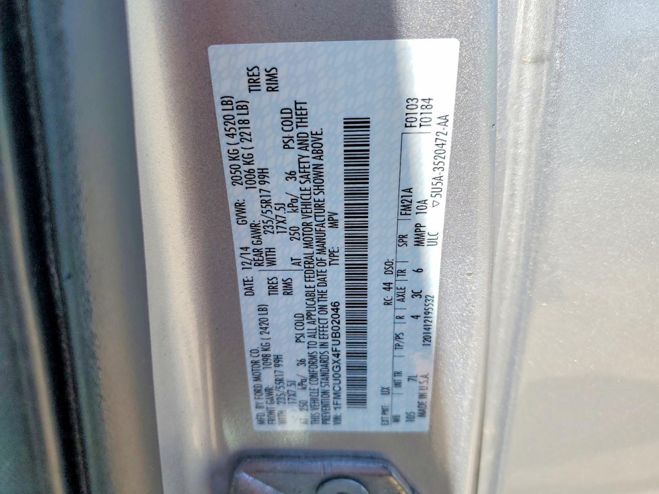 2015 Ford Escape Se Silver vin: 1FMCU0GX4FUB02046