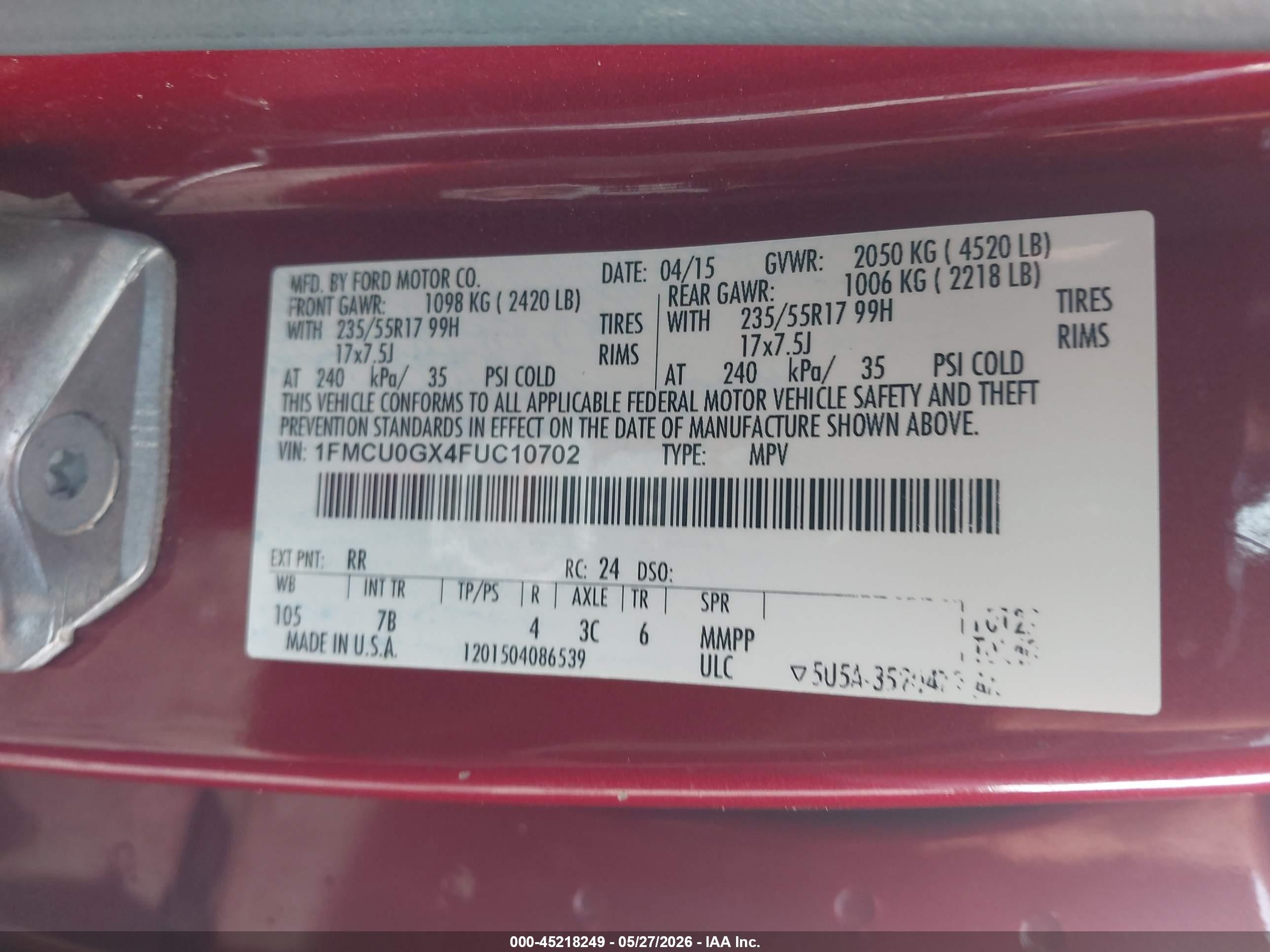 2015 Ford Escape Se Red vin: 1FMCU0GX4FUC10702
