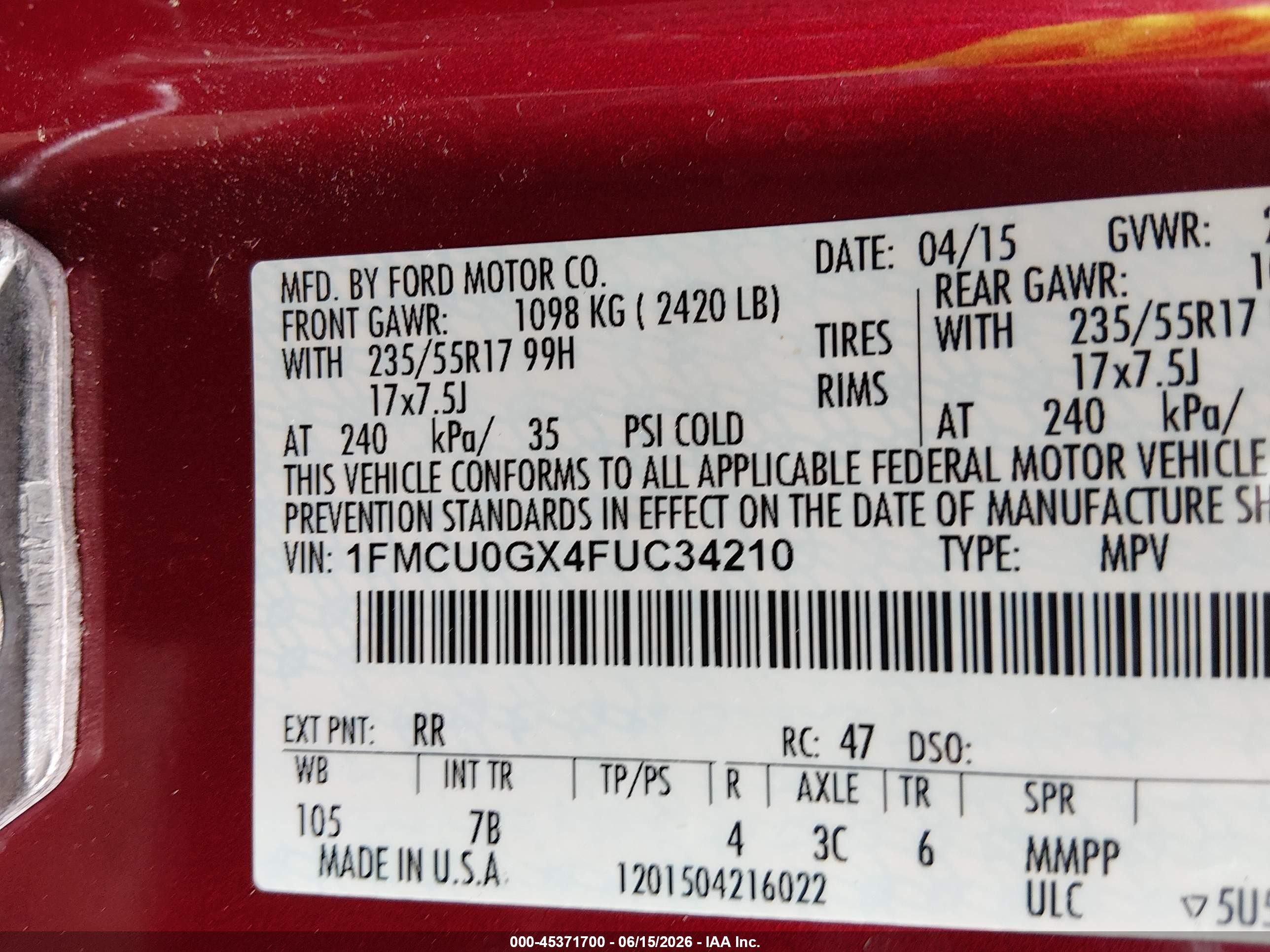 2015 Ford Escape Se Red vin: 1FMCU0GX4FUC34210