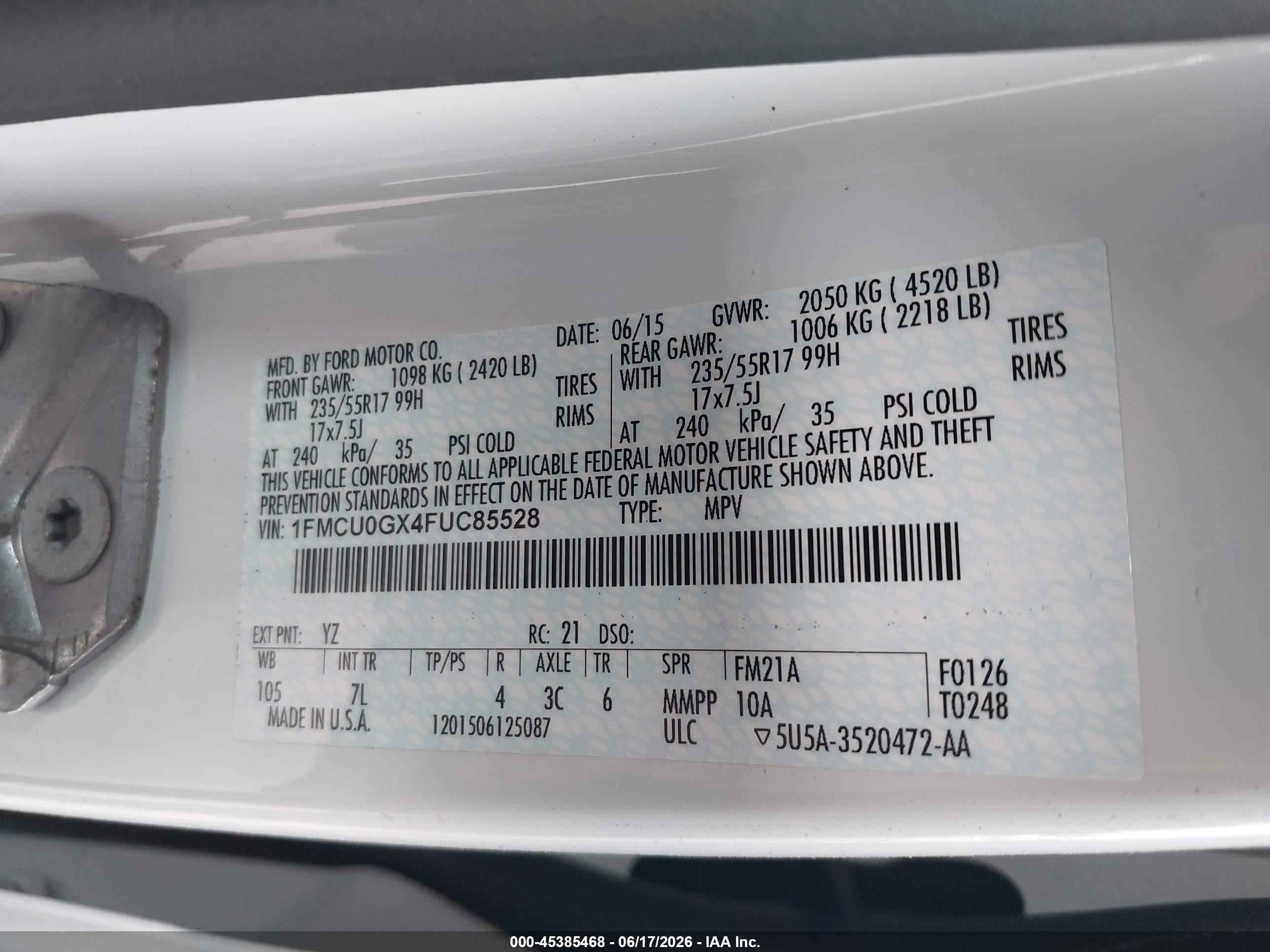 2015 Ford Escape Se White vin: 1FMCU0GX4FUC85528