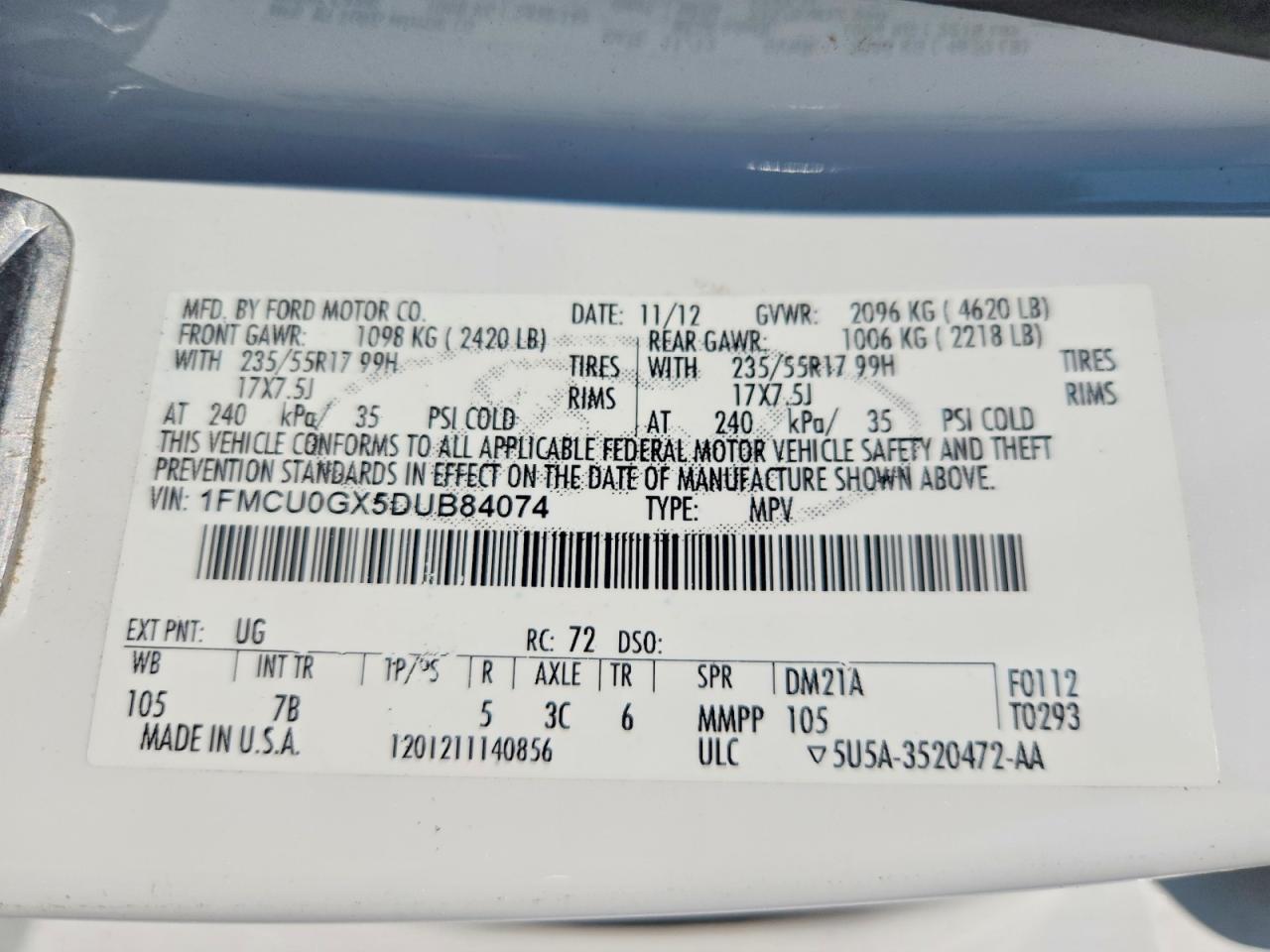 2013 Ford Escape Se White vin: 1FMCU0GX5DUB84074
