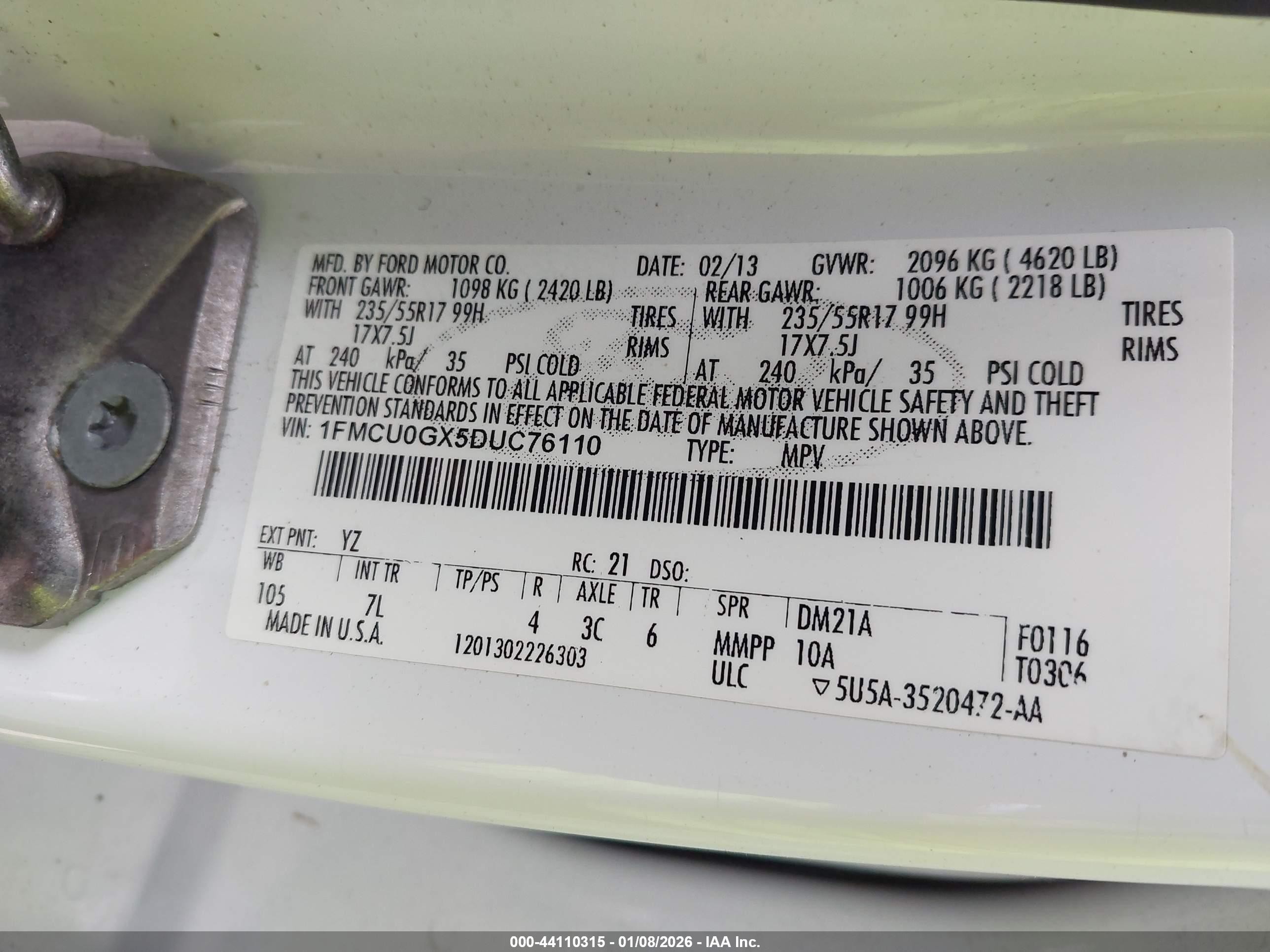 2013 Ford Escape Se White vin: 1FMCU0GX5DUC76110