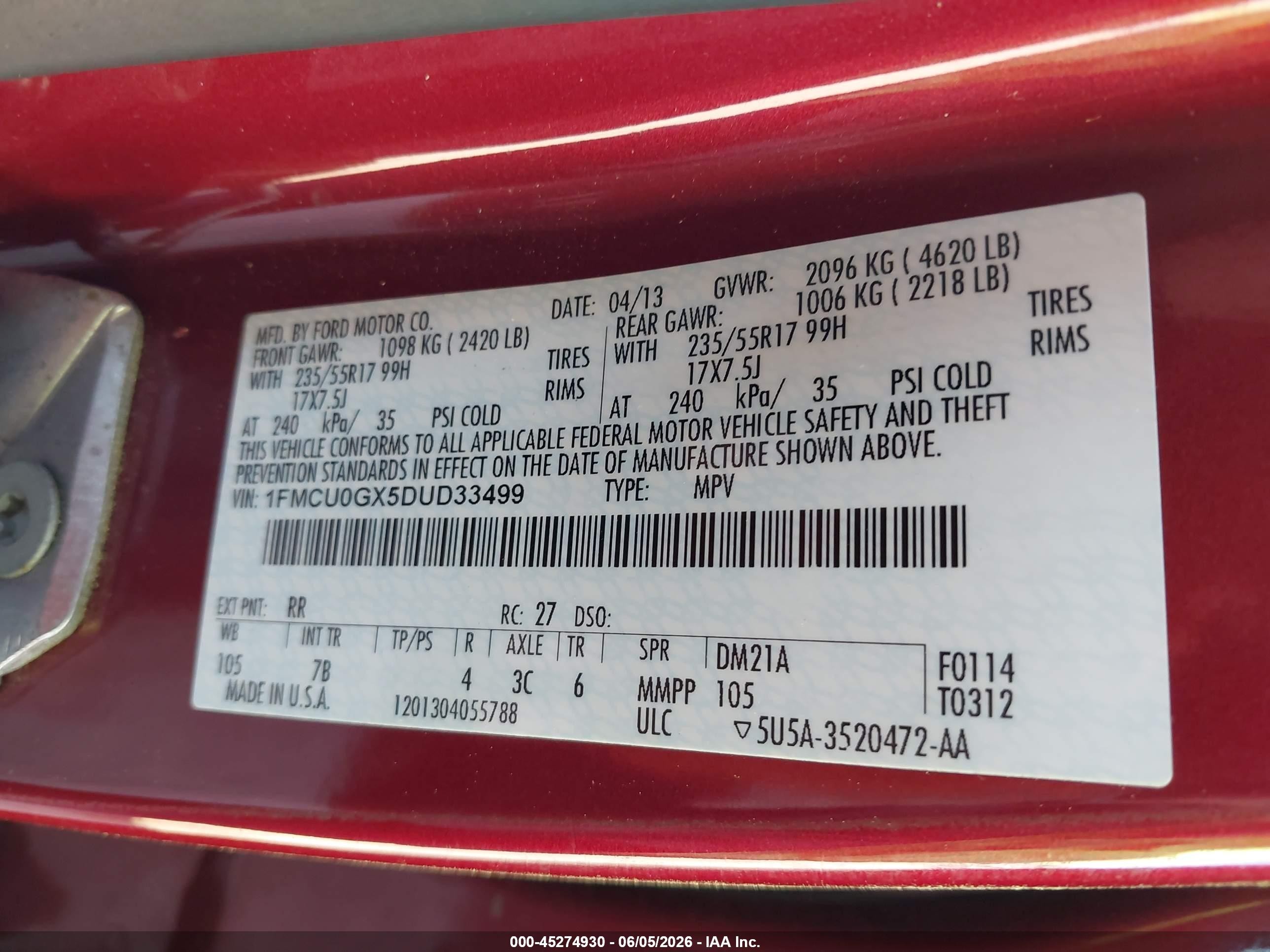 2013 Ford Escape Se Red vin: 1FMCU0GX5DUD33499