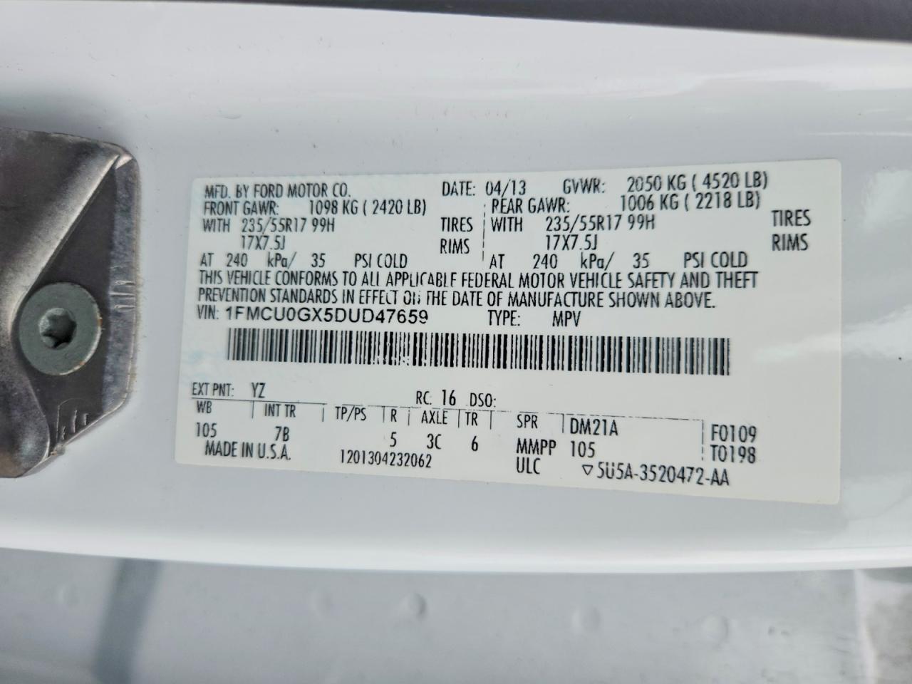 2013 Ford Escape Se White vin: 1FMCU0GX5DUD47659