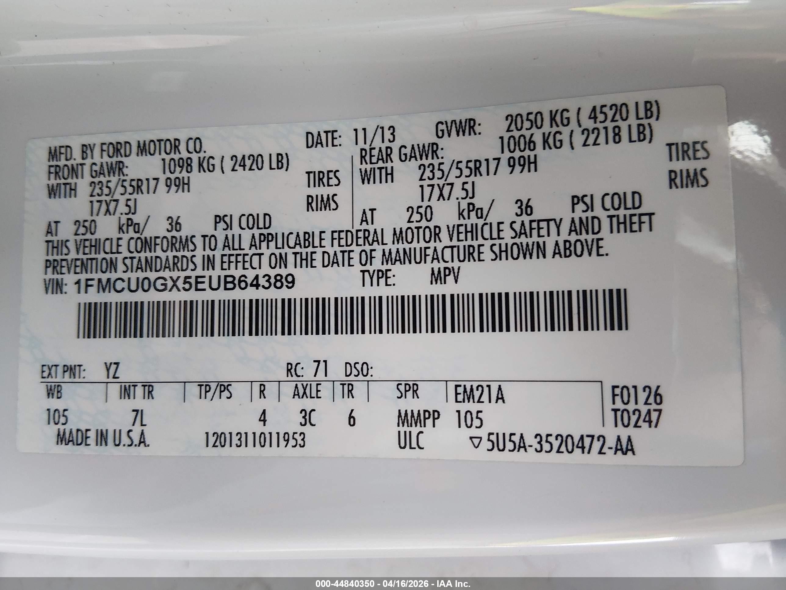 2014 Ford Escape Se White vin: 1FMCU0GX5EUB64389