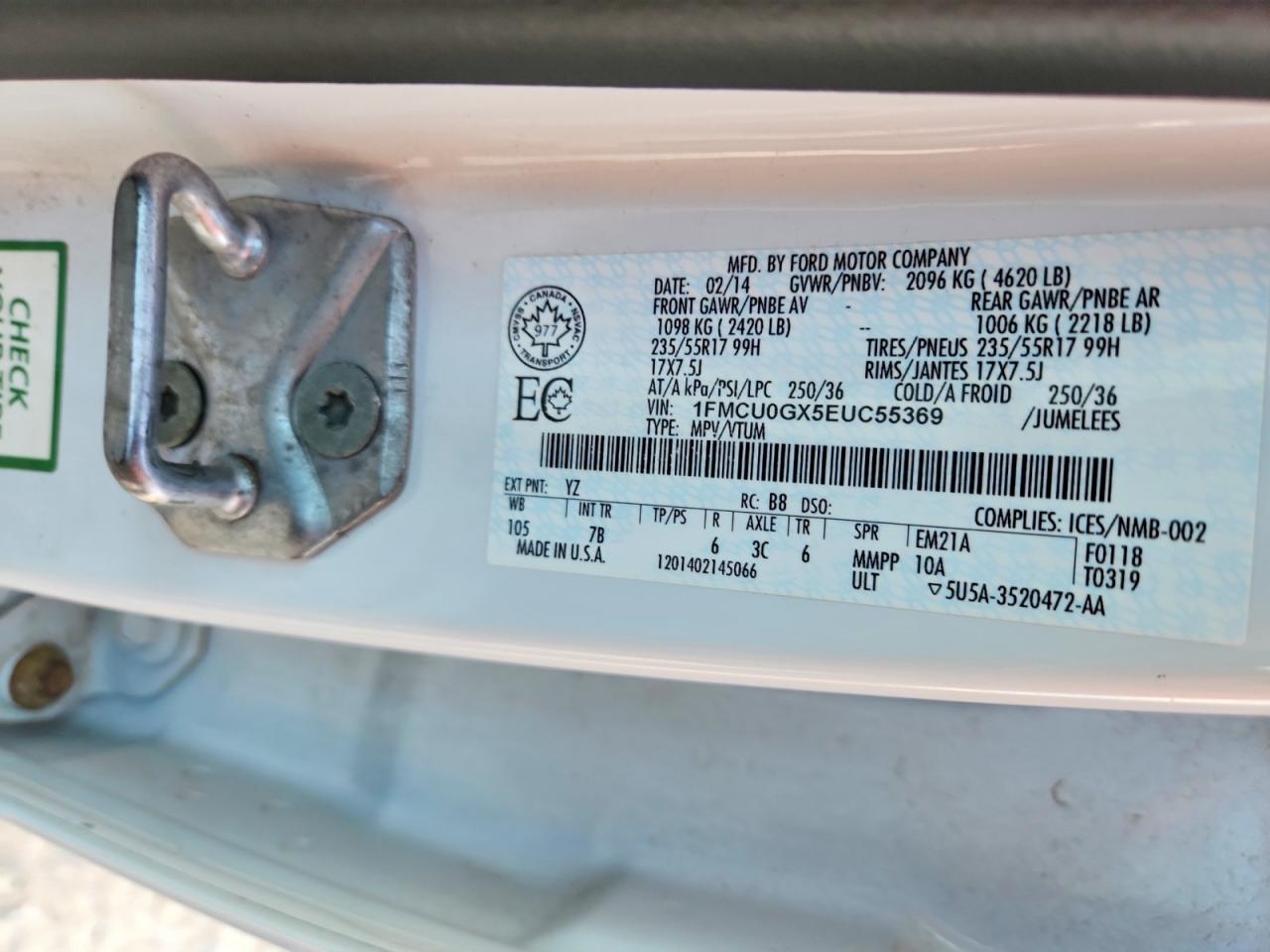 2014 Ford Escape Se White vin: 1FMCU0GX5EUC55369