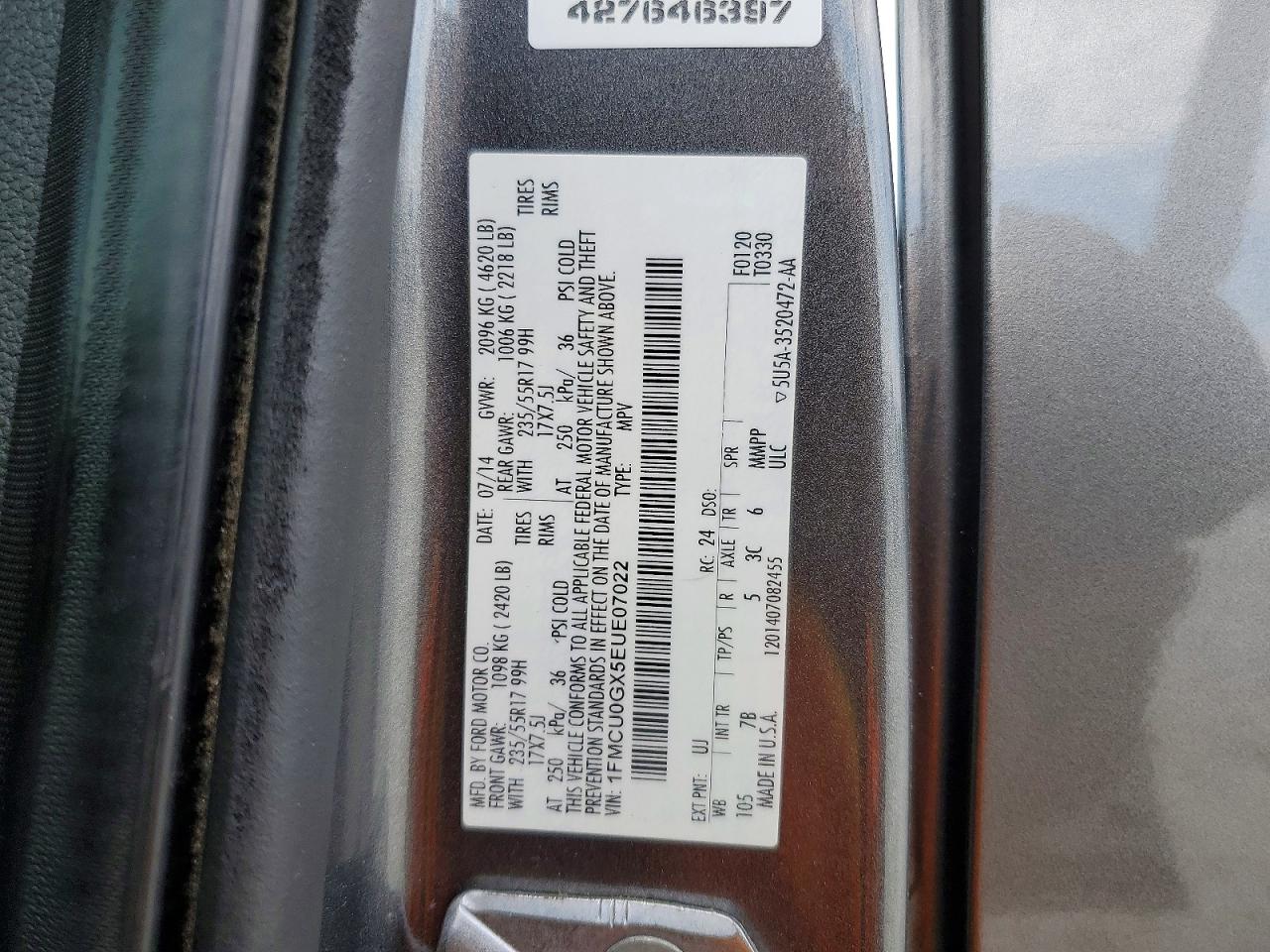 2014 Ford Escape Se Gray vin: 1FMCU0GX5EUE07022