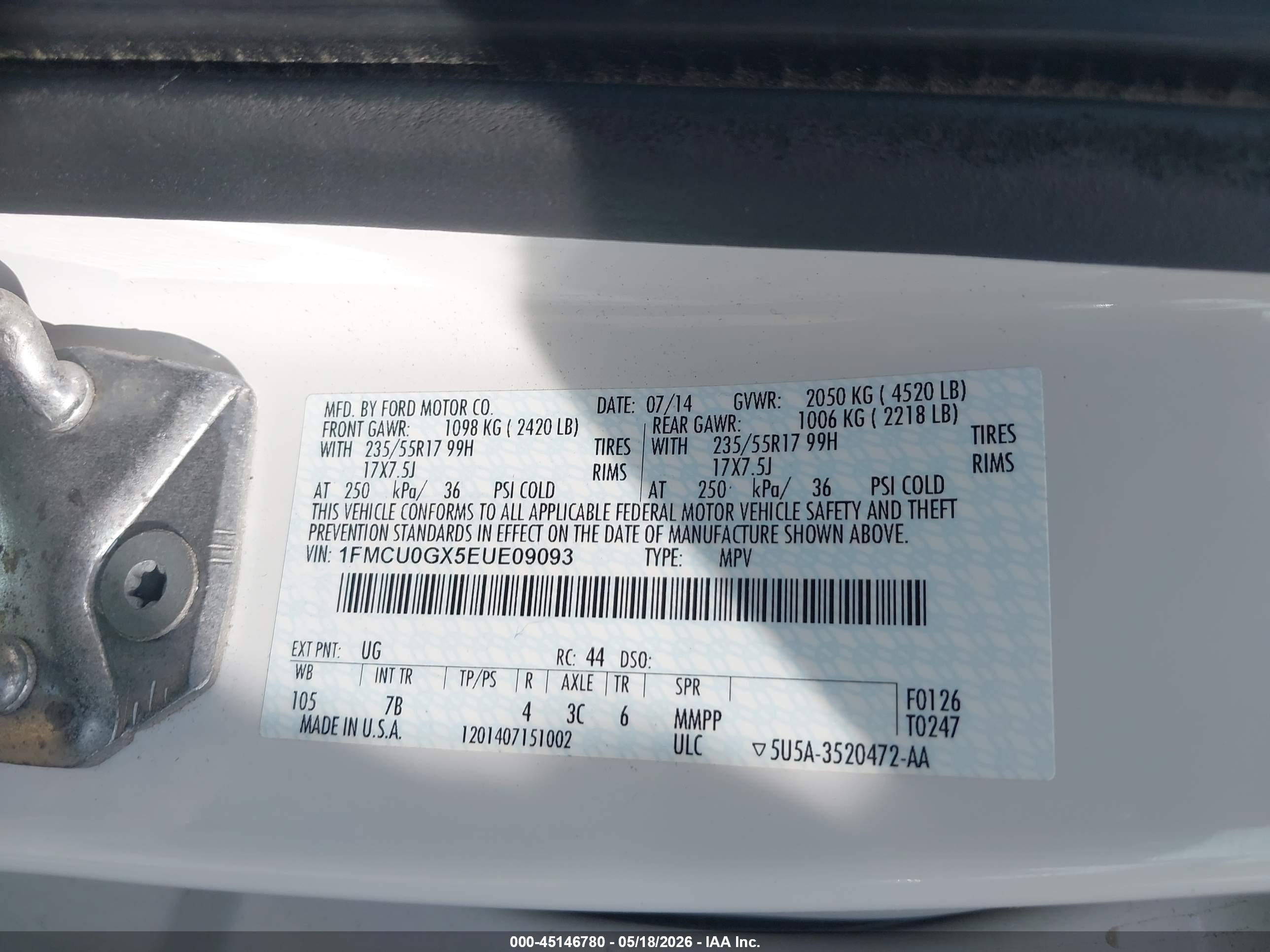 2014 Ford Escape Se White vin: 1FMCU0GX5EUE09093