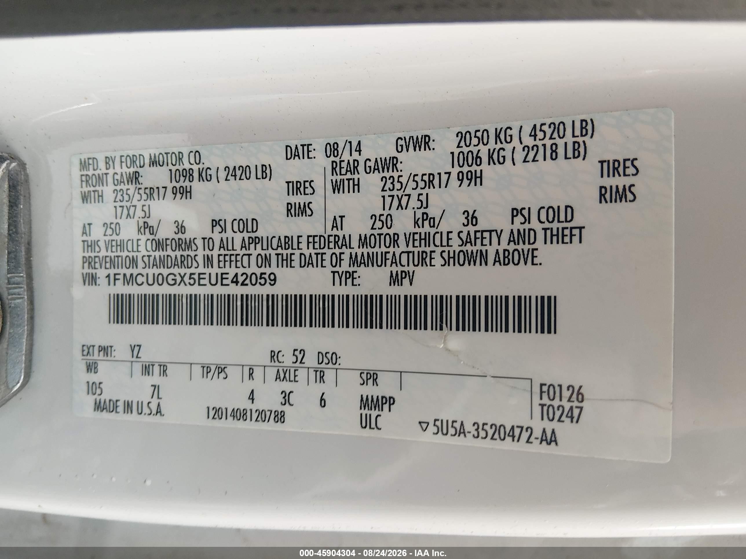 2014 Ford Escape Se White vin: 1FMCU0GX5EUE42059