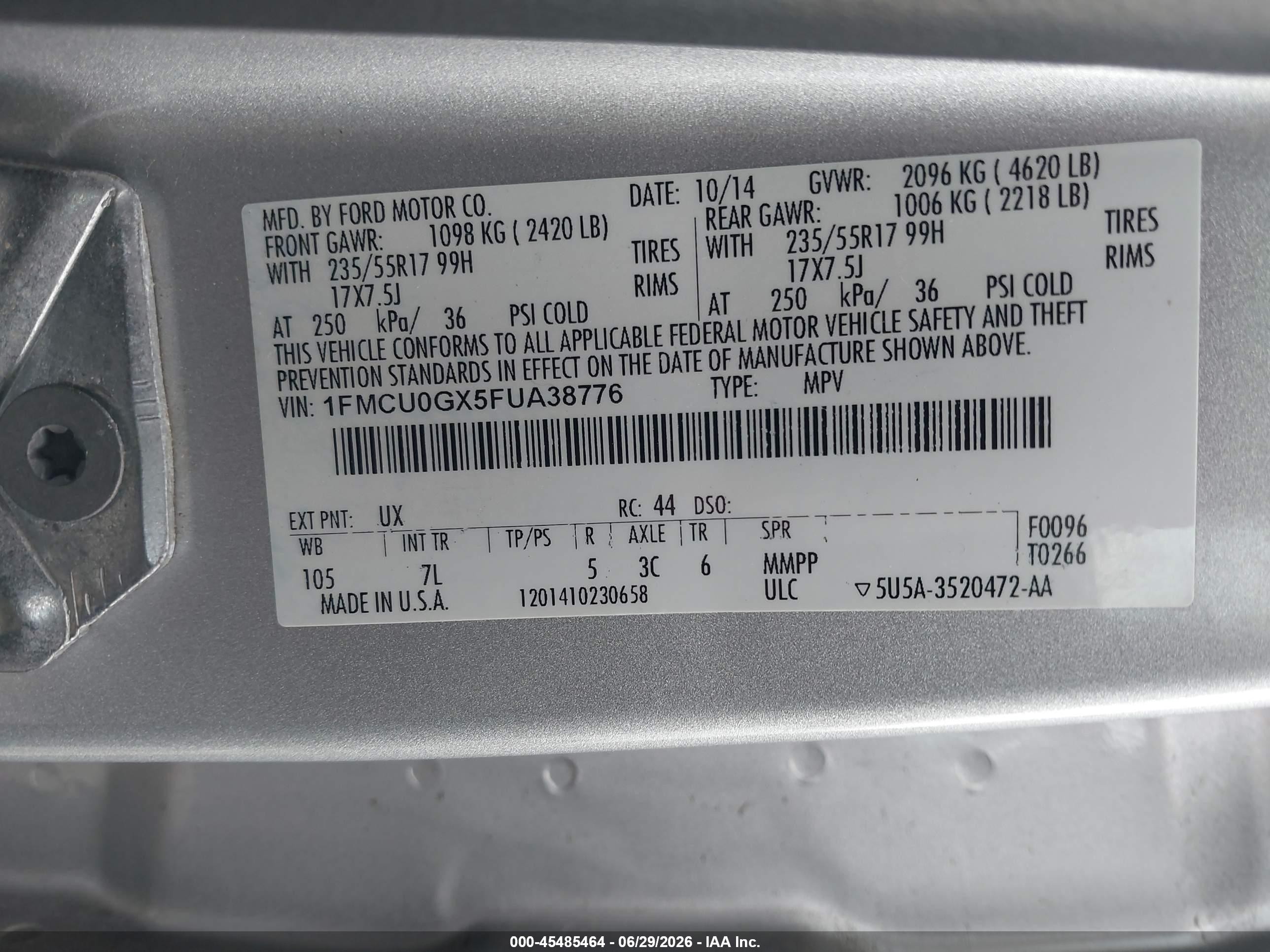 2015 Ford Escape Se Silver vin: 1FMCU0GX5FUA38776