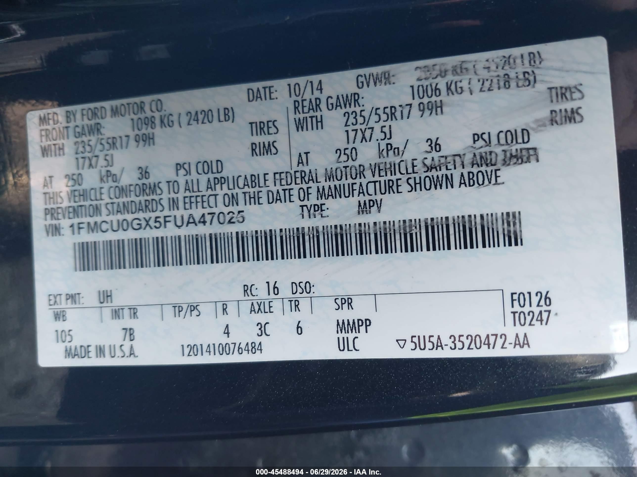 2015 Ford Escape Se Black vin: 1FMCU0GX5FUA47025