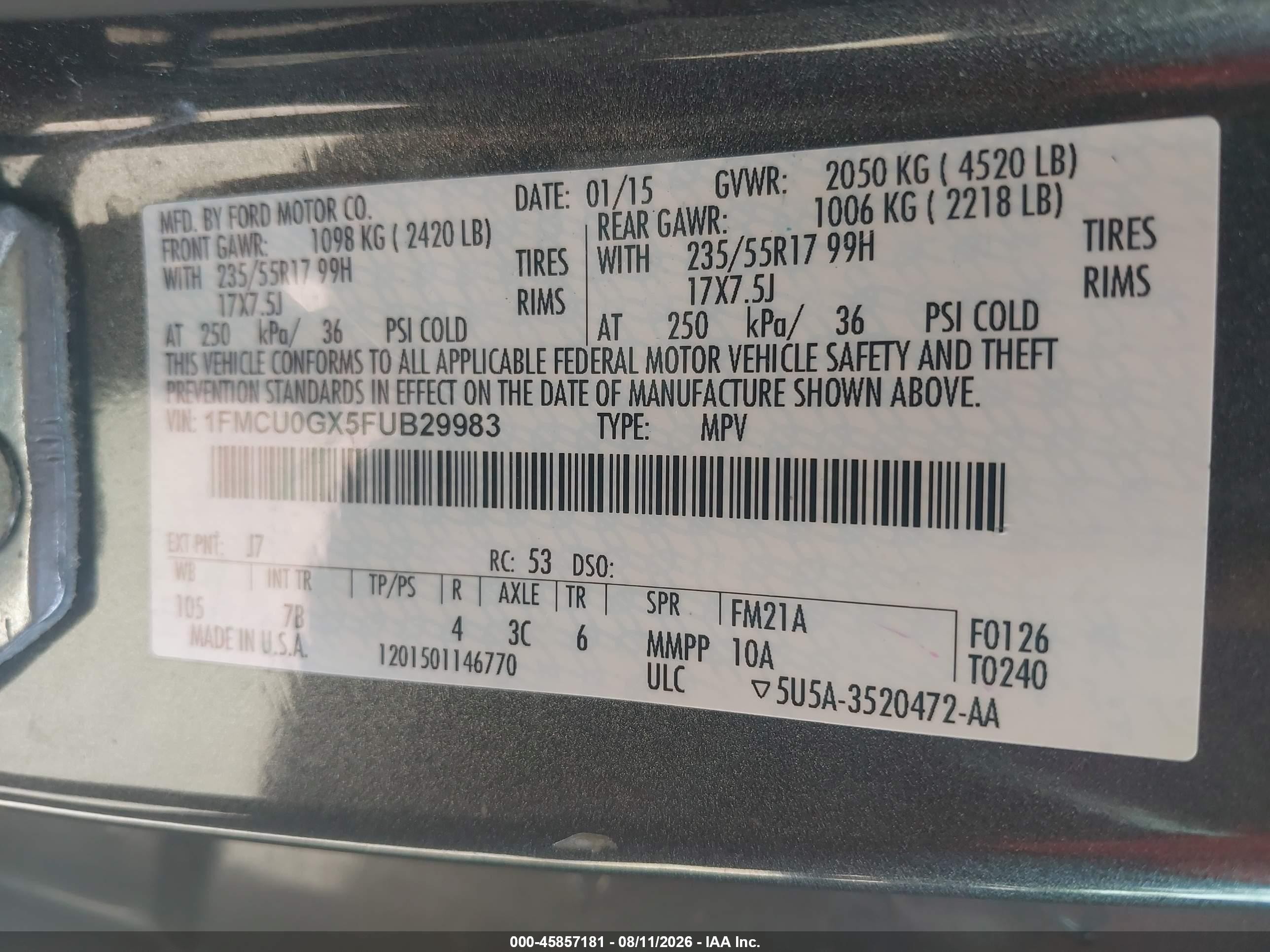 2015 Ford Escape Se Серый vin: 1FMCU0GX5FUB29983