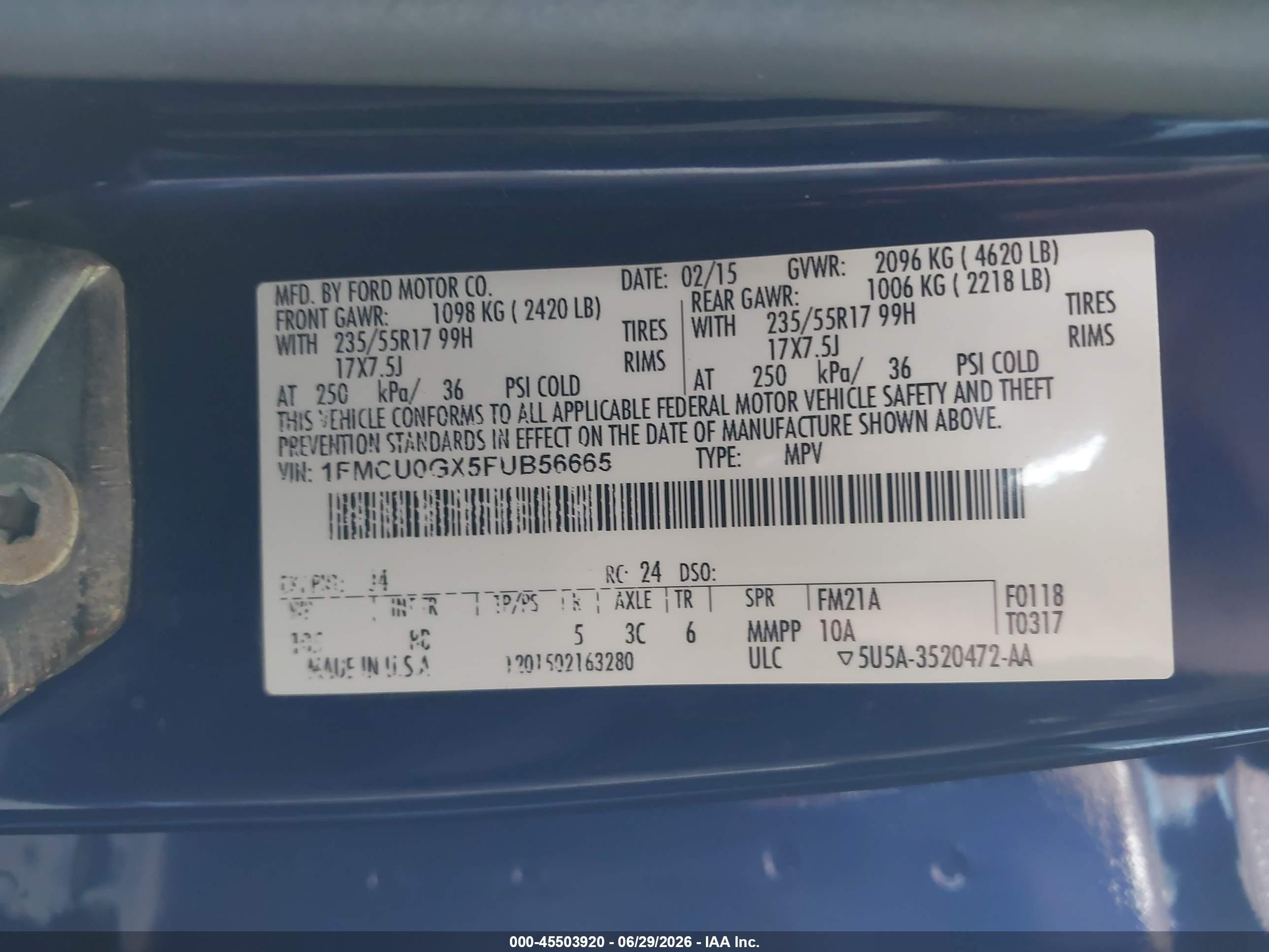 2015 Ford Escape Se Blue vin: 1FMCU0GX5FUB56665