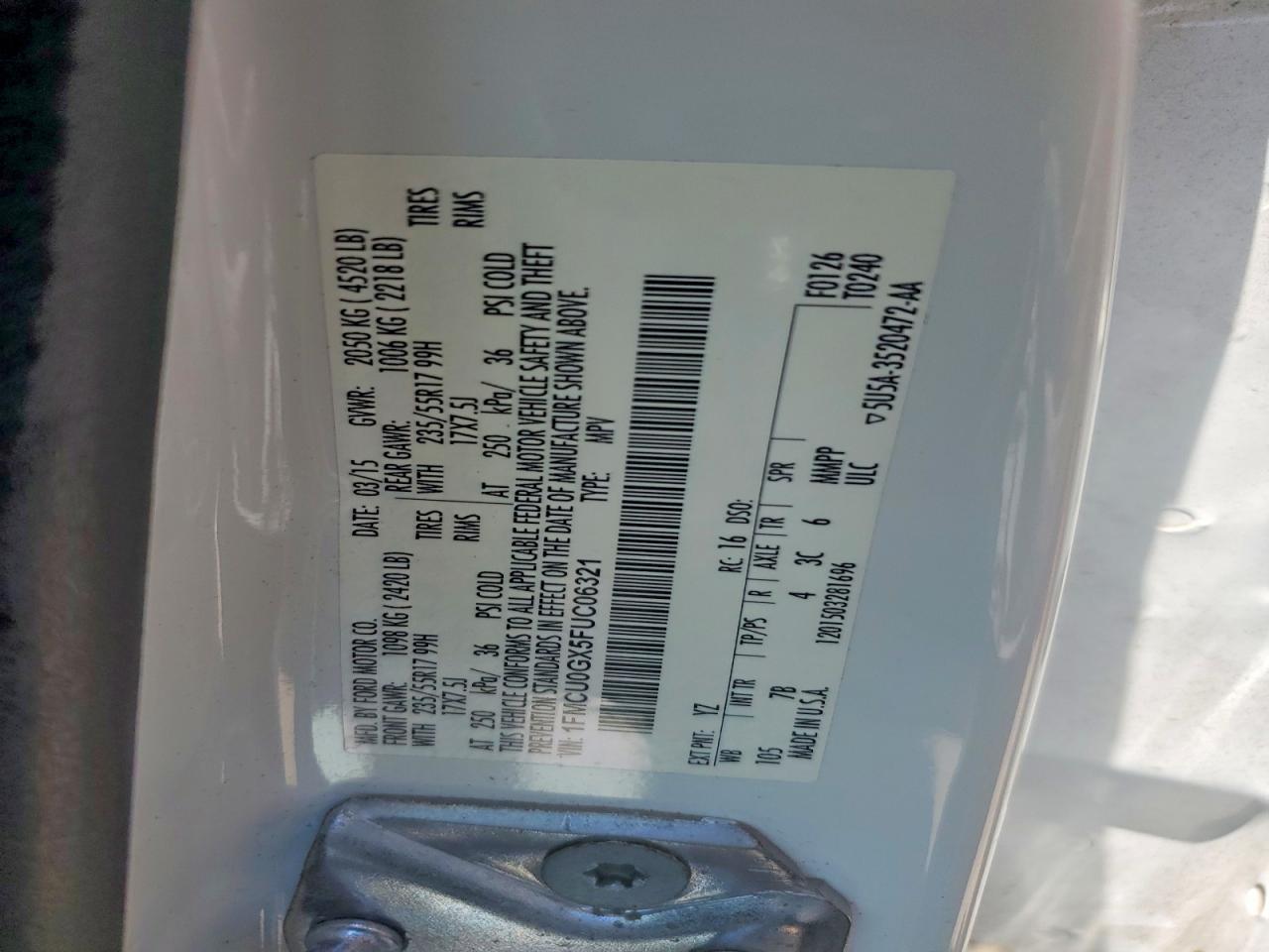 2015 Ford Escape Se White vin: 1FMCU0GX5FUC06321