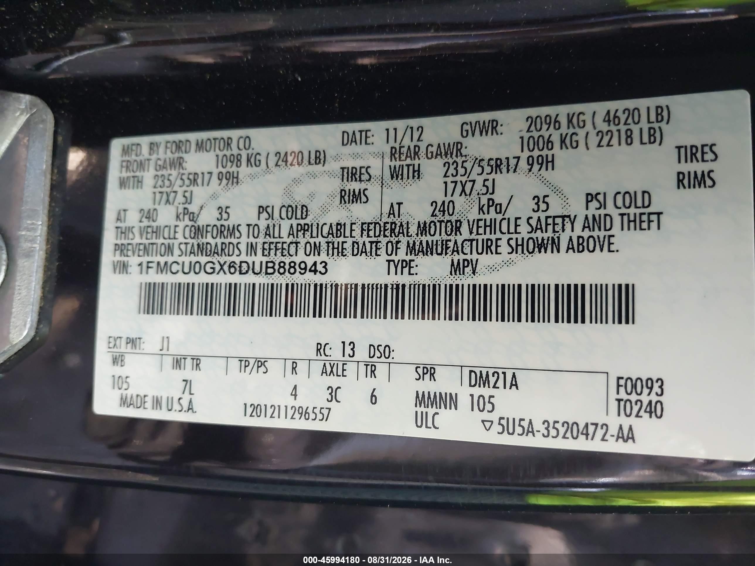 2013 Ford Escape Se Black vin: 1FMCU0GX6DUB88943