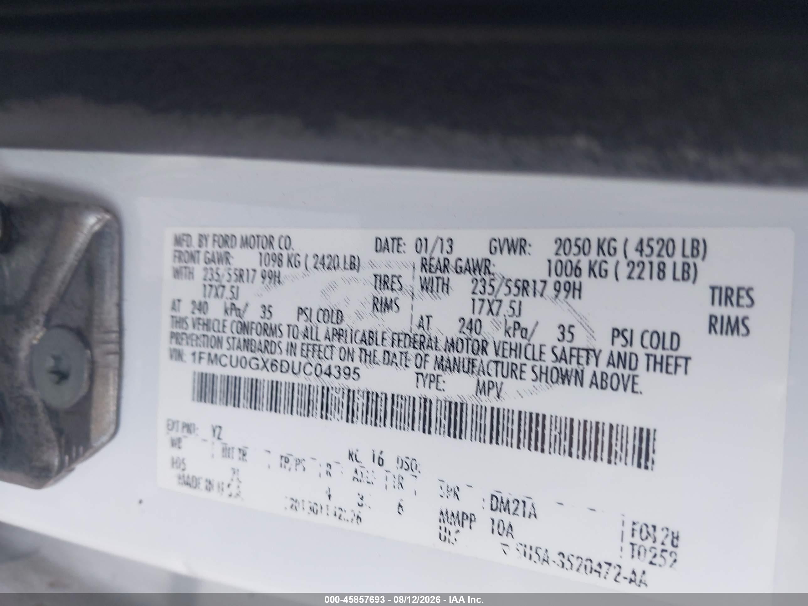 2013 Ford Escape Se White vin: 1FMCU0GX6DUC04395