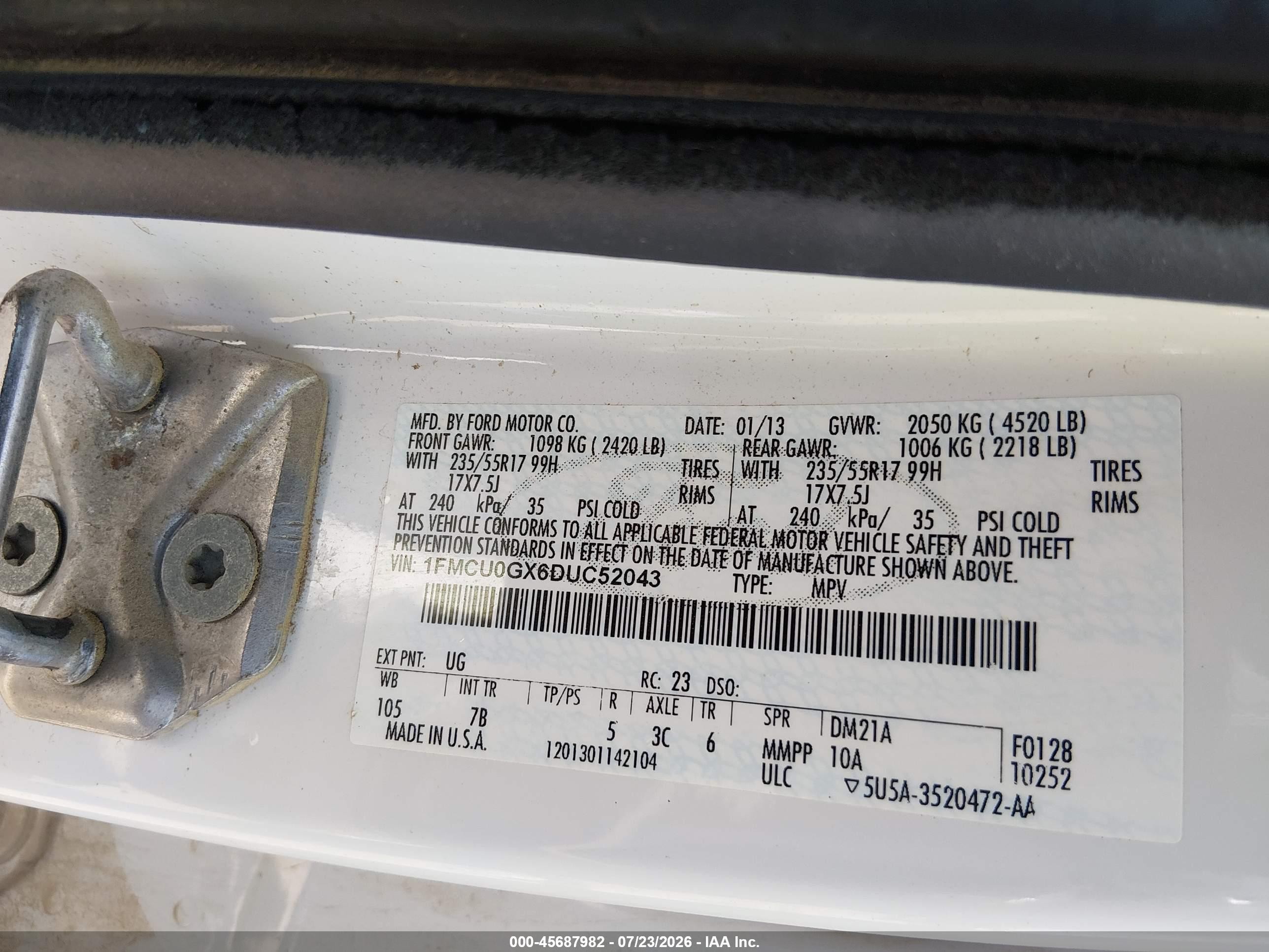 2013 Ford Escape Se White vin: 1FMCU0GX6DUC52043