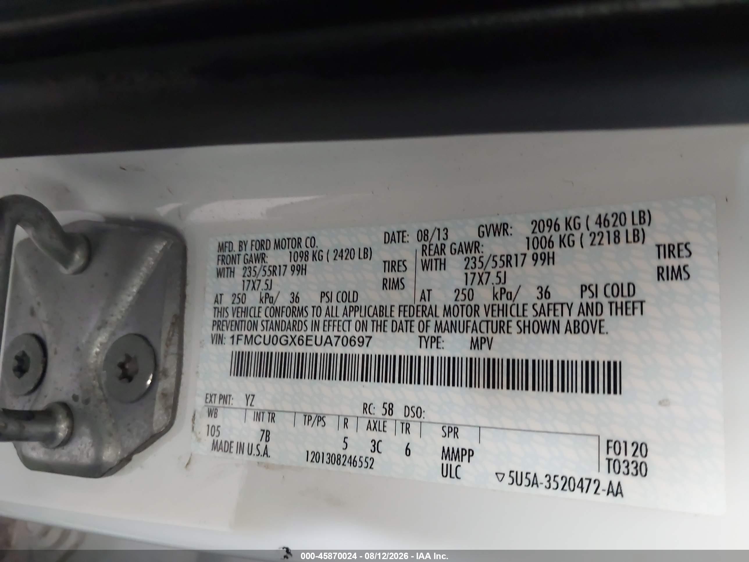 2014 Ford Escape Se White vin: 1FMCU0GX6EUA70697