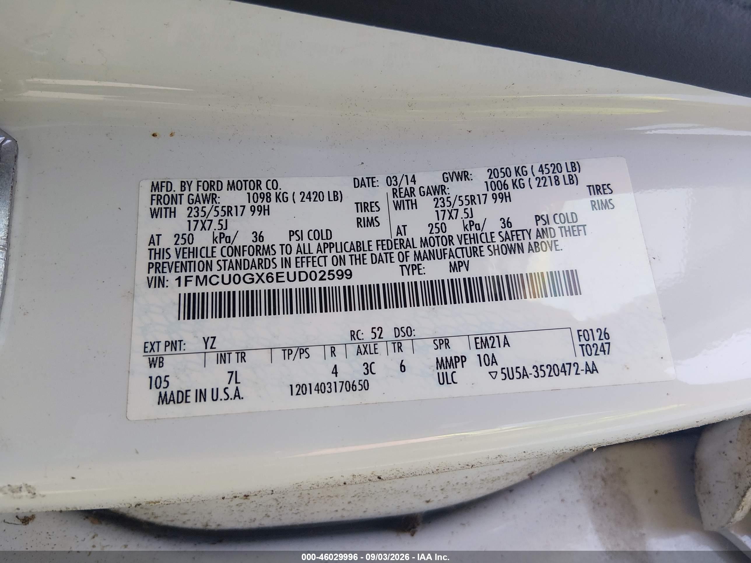 2014 Ford Escape Se White vin: 1FMCU0GX6EUD02599