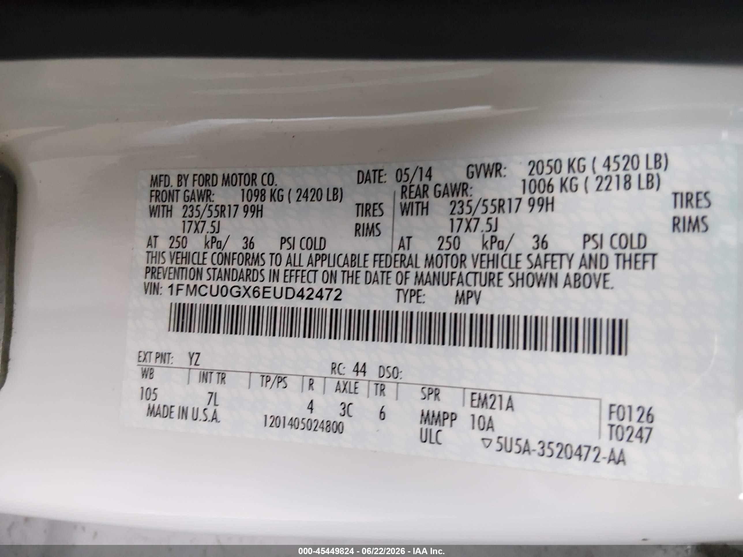 2014 Ford Escape Se White vin: 1FMCU0GX6EUD42472