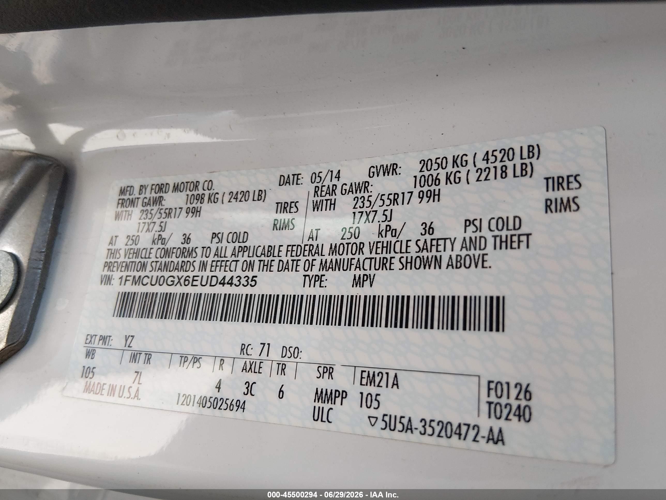 2014 Ford Escape Se White vin: 1FMCU0GX6EUD44335