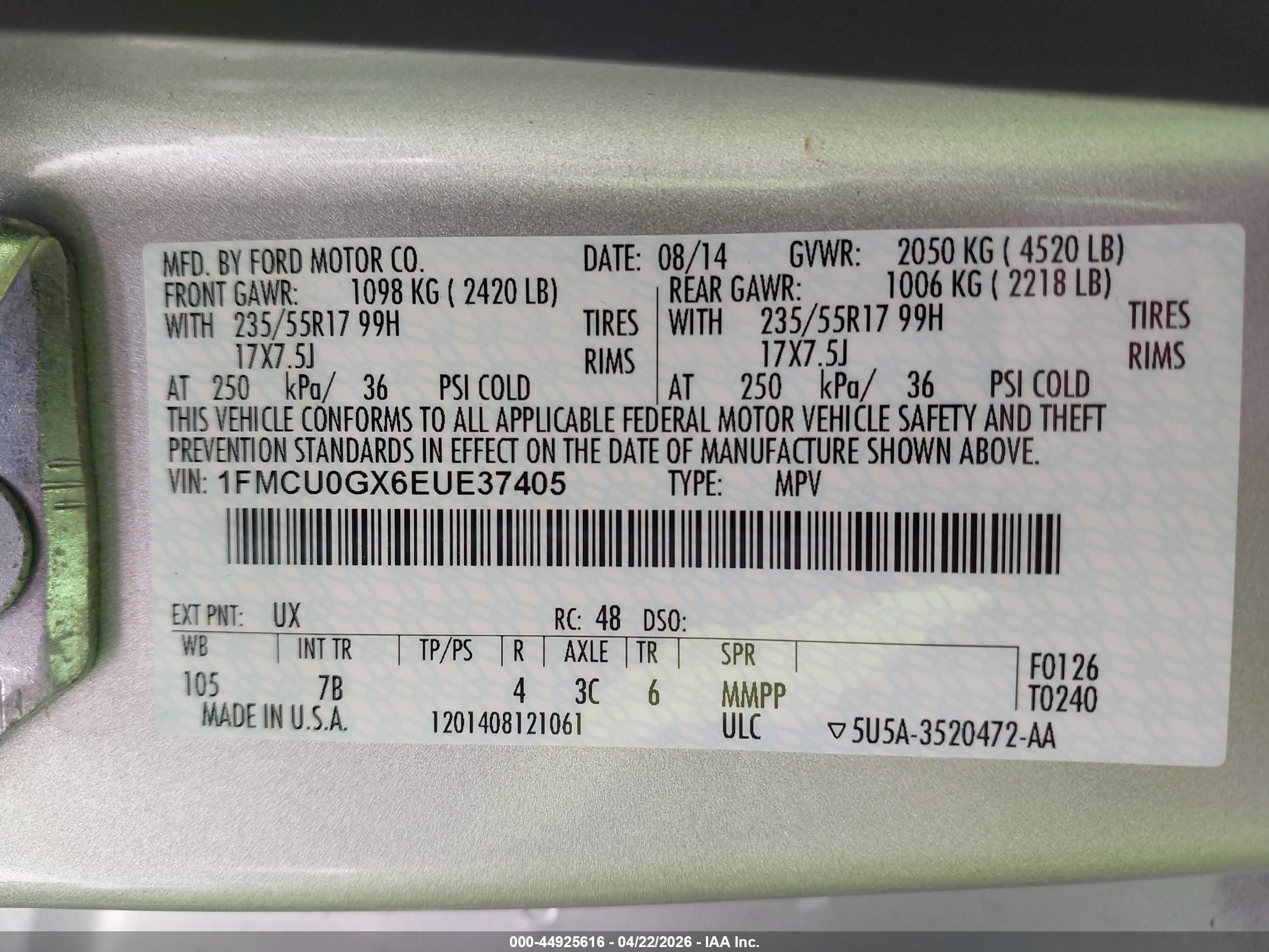 2014 Ford Escape Se Silver vin: 1FMCU0GX6EUE37405