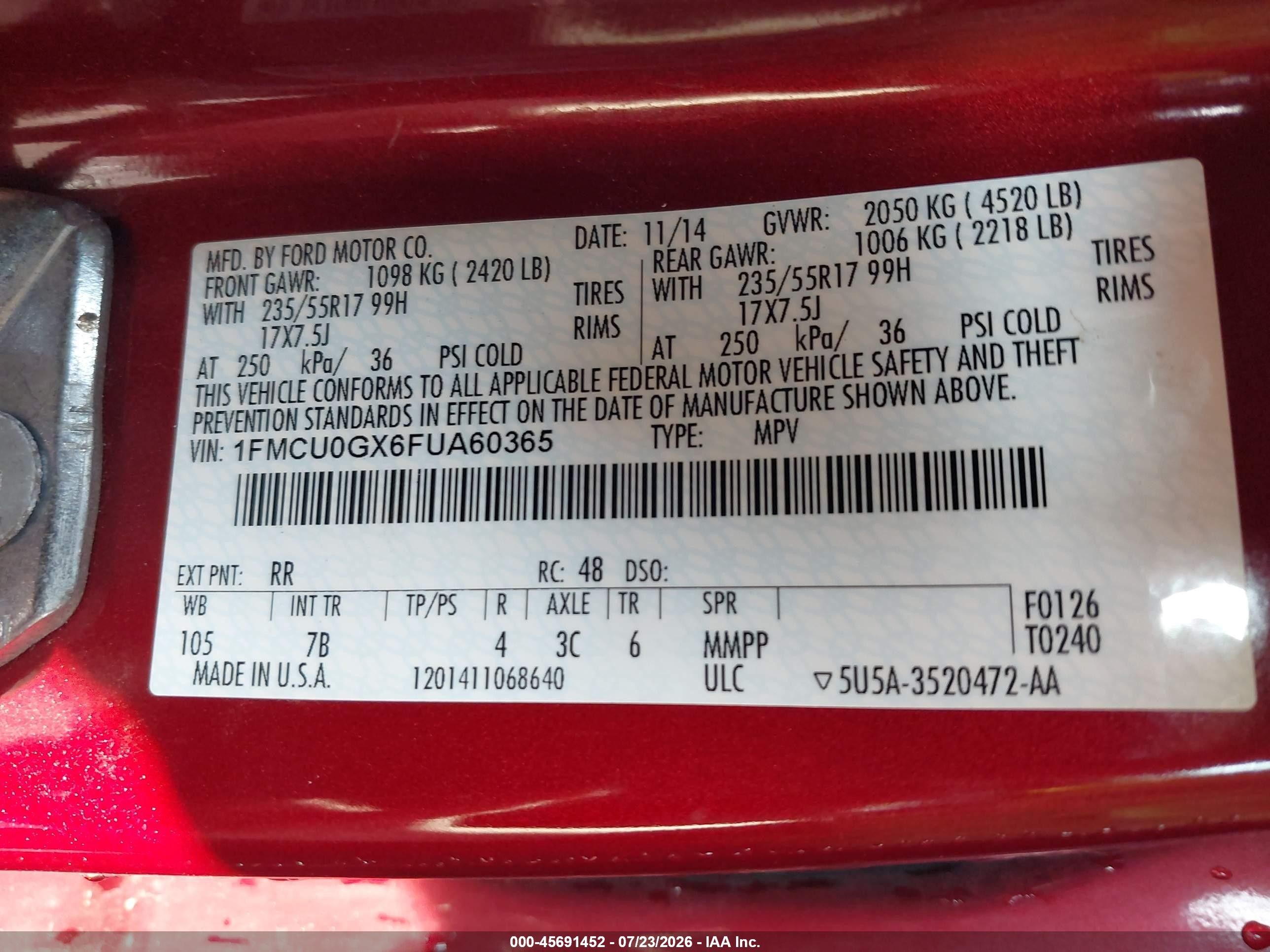 2015 Ford Escape Se Red vin: 1FMCU0GX6FUA60365