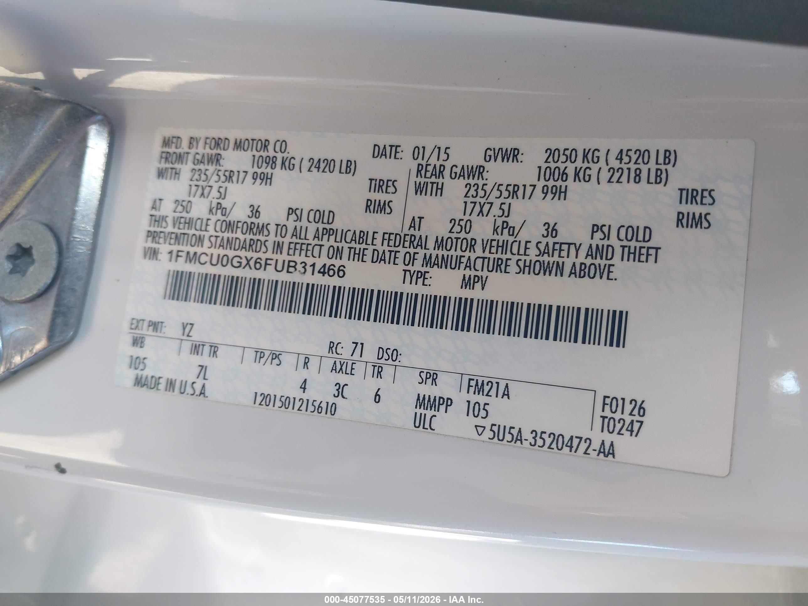 2015 Ford Escape Se White vin: 1FMCU0GX6FUB31466