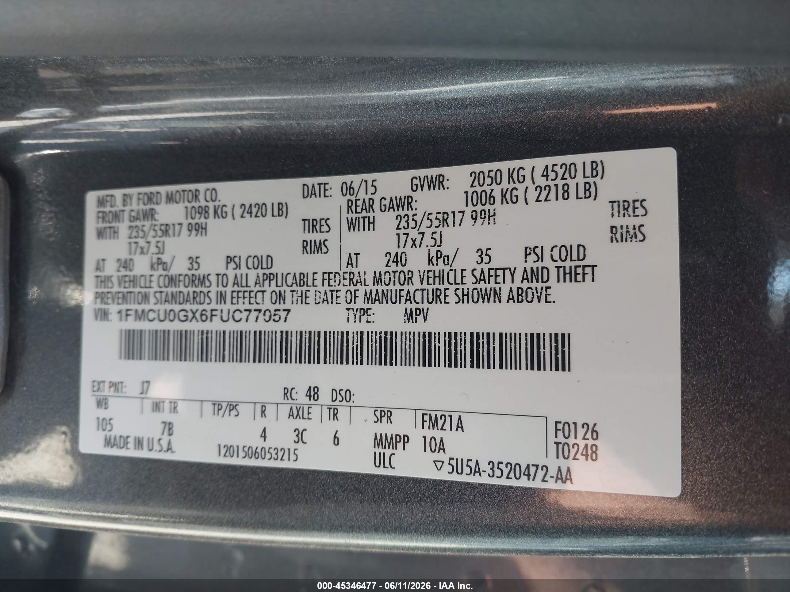 2015 Ford Escape Se Gray vin: 1FMCU0GX6FUC77057