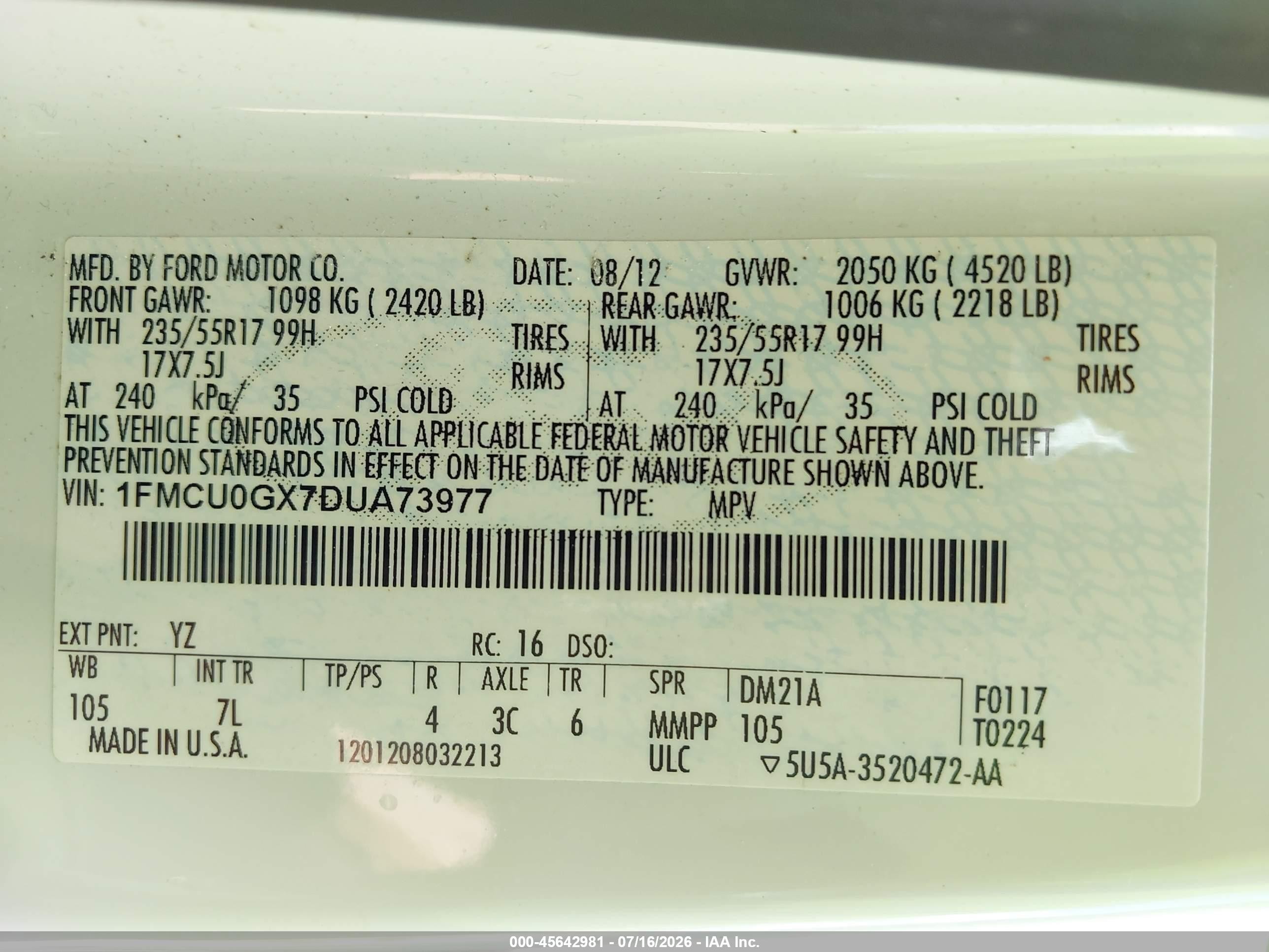2013 Ford Escape Se White vin: 1FMCU0GX7DUA73977