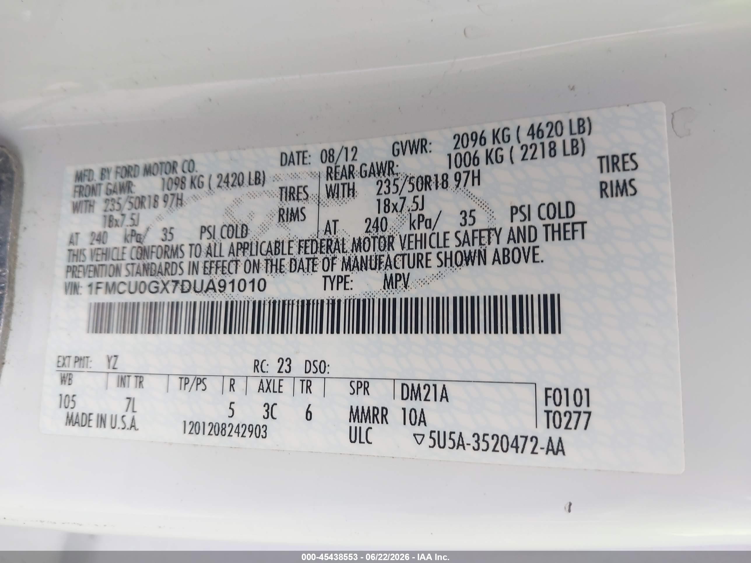 2013 Ford Escape Se White vin: 1FMCU0GX7DUA91010