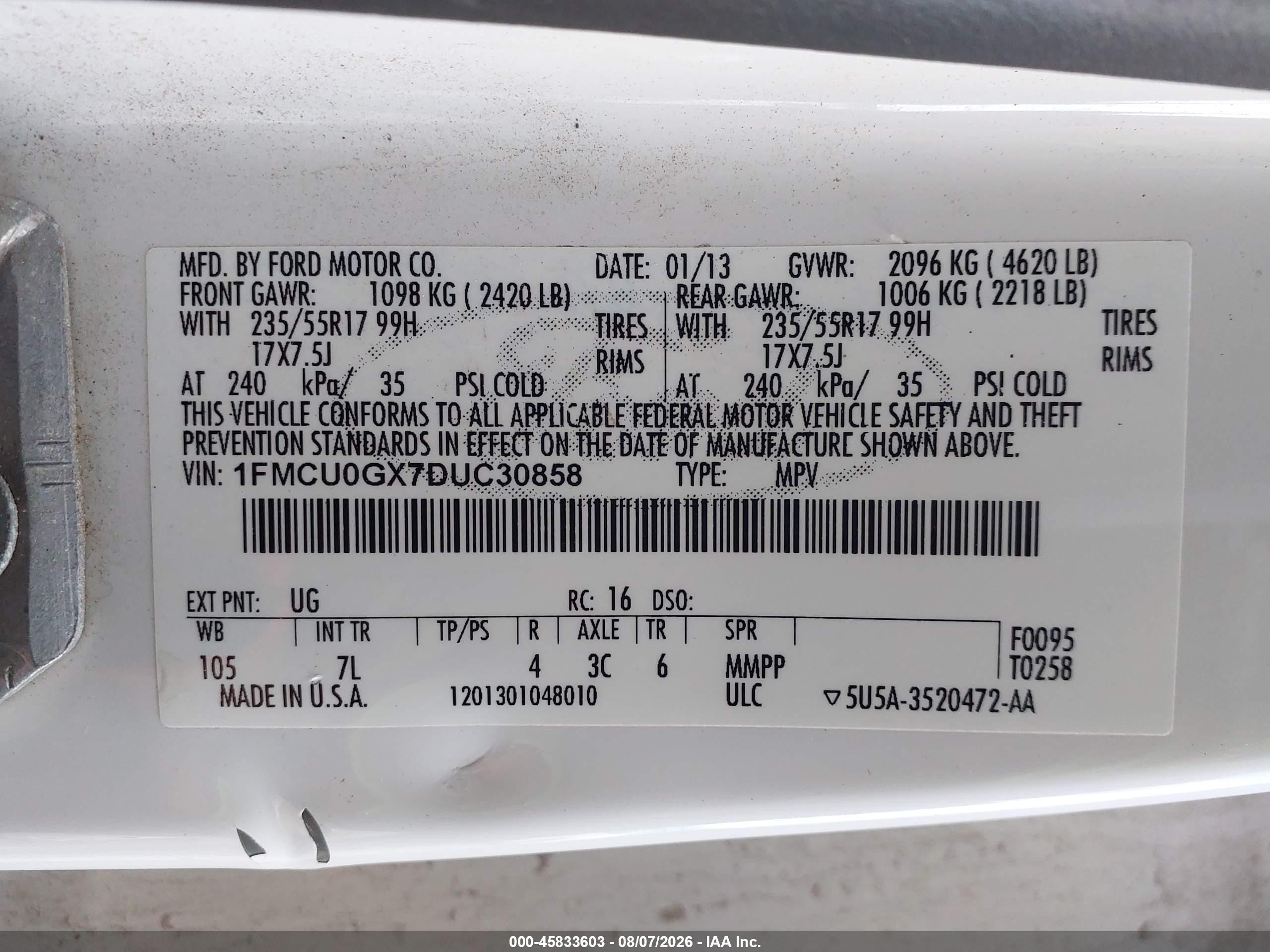 2013 Ford Escape Se White vin: 1FMCU0GX7DUC30858