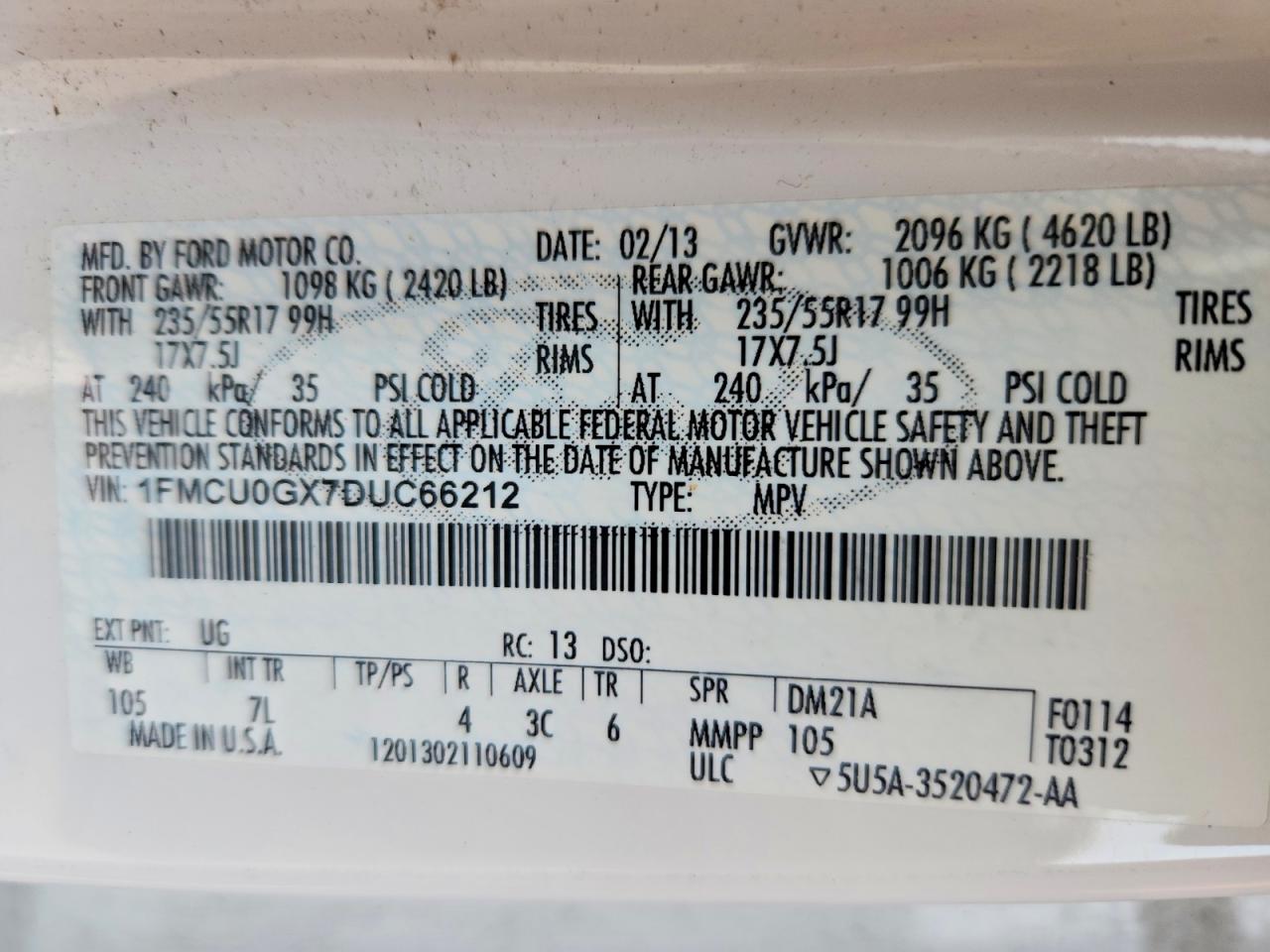 2013 Ford Escape Se White vin: 1FMCU0GX7DUC66212
